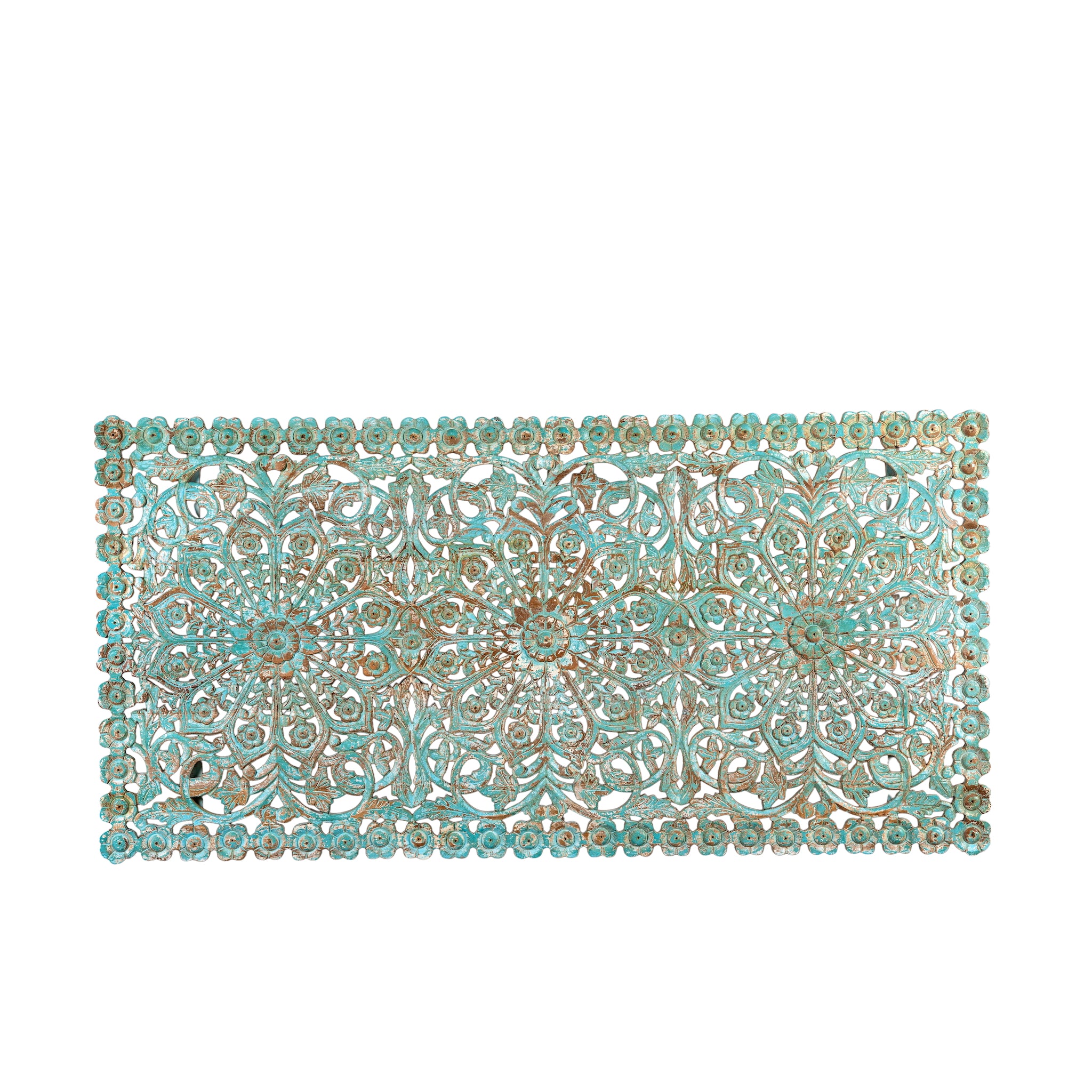 Hand-carved mango wood wall panel with floral motifs in blue finish – Kataee Blue model by Om Home & Garden
