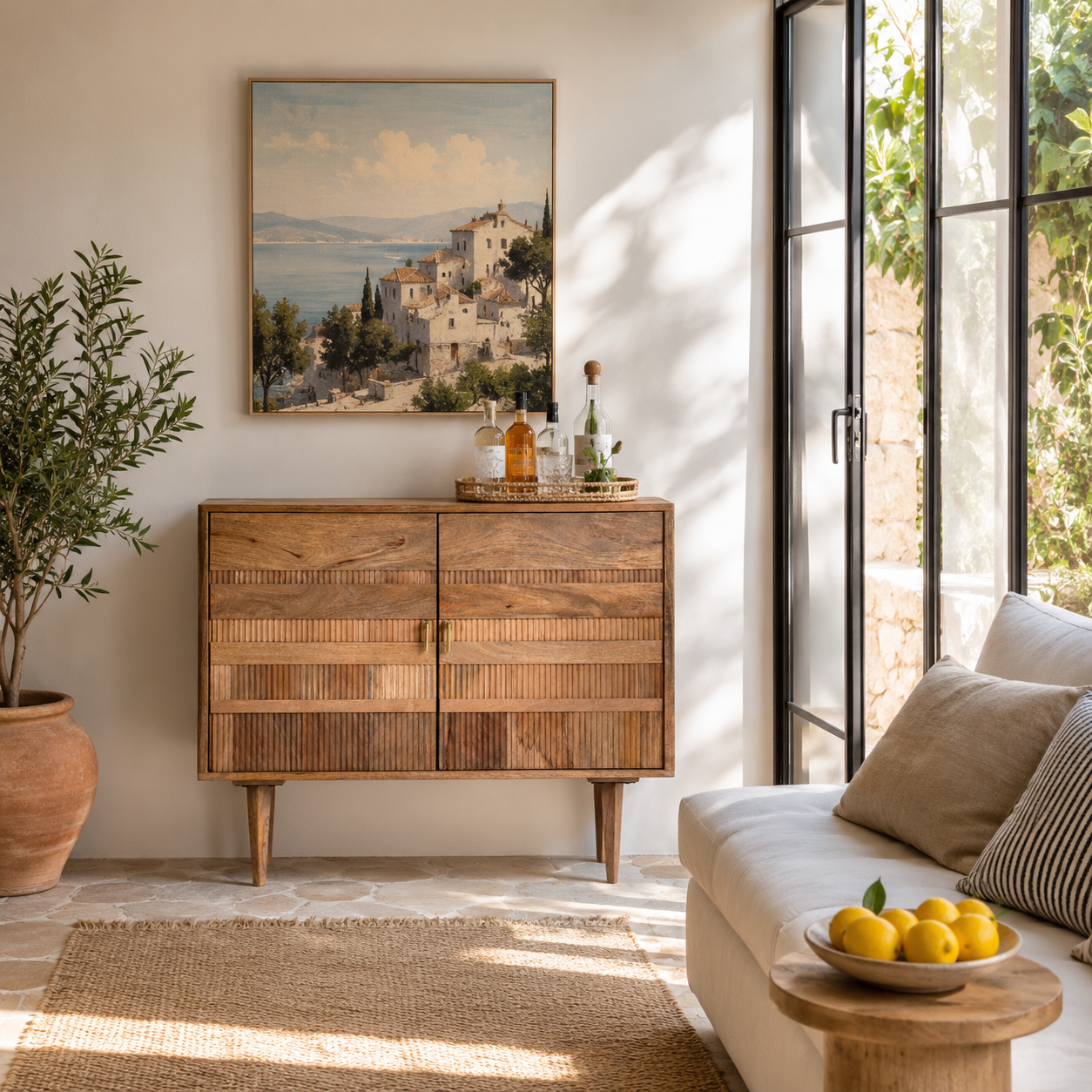 Lifestyle image of a hand-carved mango wood cabinet with 3D line-striped design and natural finish—vintage furniture blending artisanal detail and timeless style.