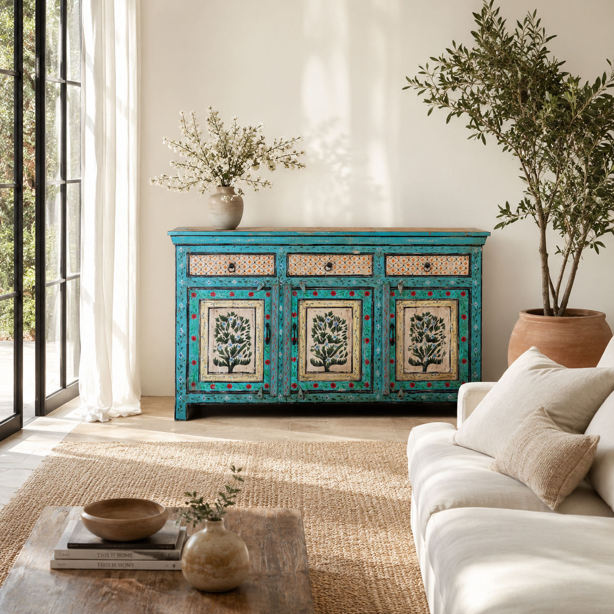 Lifestyle image of a Kaveh hand painted reclaimed wood sideboard in boho style with three doors, three drawers, floral details, and distressed turquoise finish.