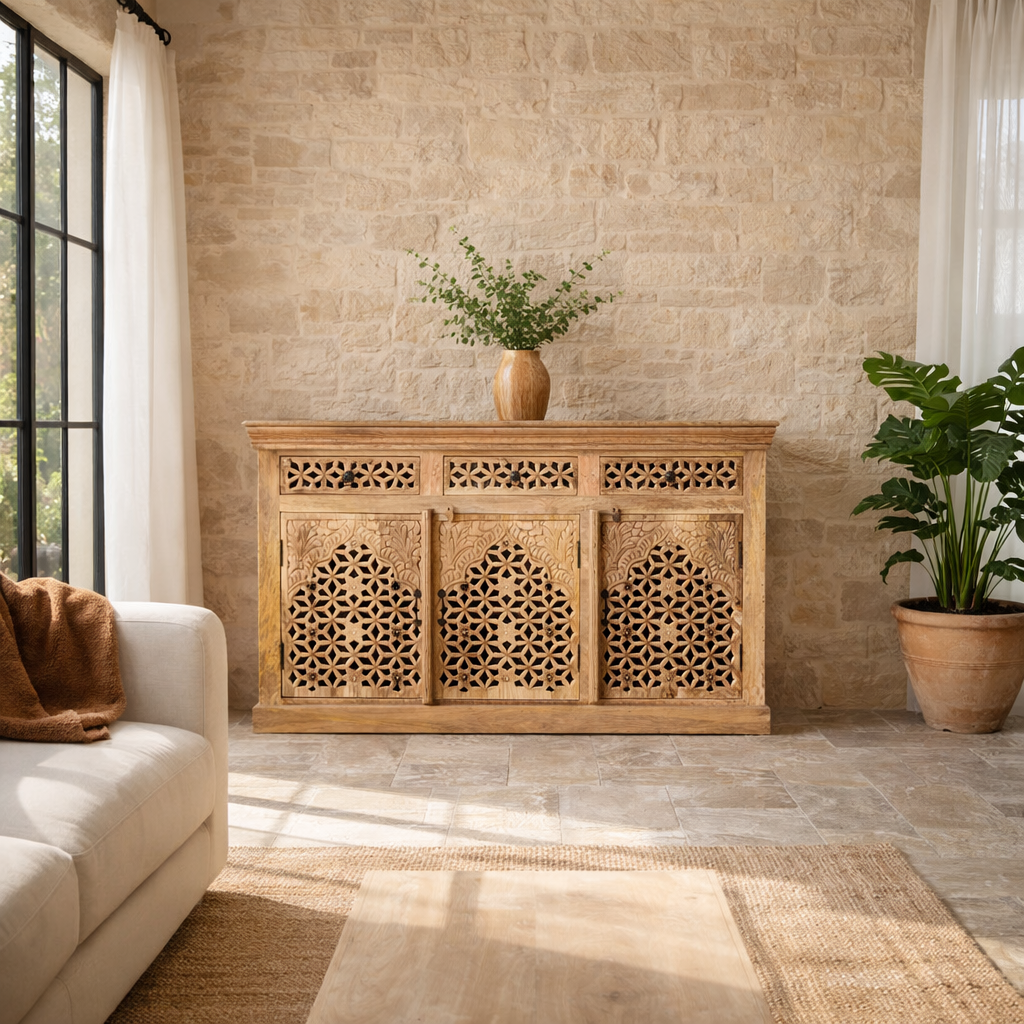 Lifestyle image of a hand-carved mango wood sideboard Kaveri with 6 compartments and 3 drawers, oriental-inspired mango wood furniture, 150 × 90 × 40 cm.