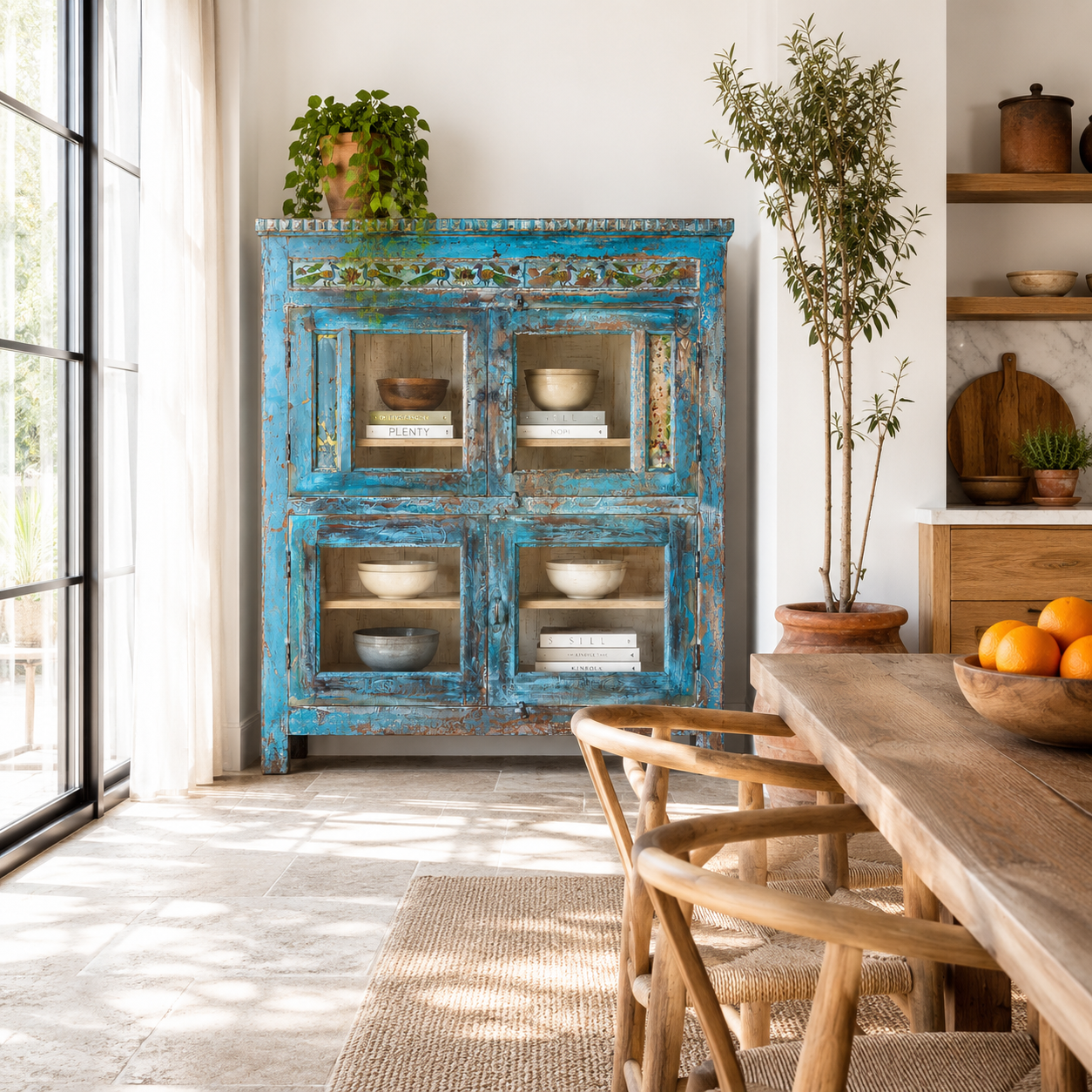 Lifestyle image of a Kavish vintage blue reclaimed teak wood wardrobe with peacock reverse glass paintings and distressed Indian finish.