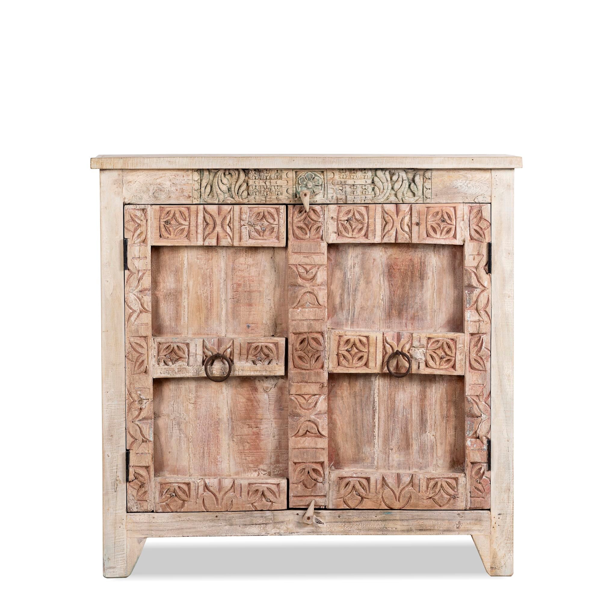 White background image of a sandblasted reclaimed teak sideboard in Ibiza style, featuring sandblasted old wood surfaces and rustic design; 112 × 90 × 50 cm.