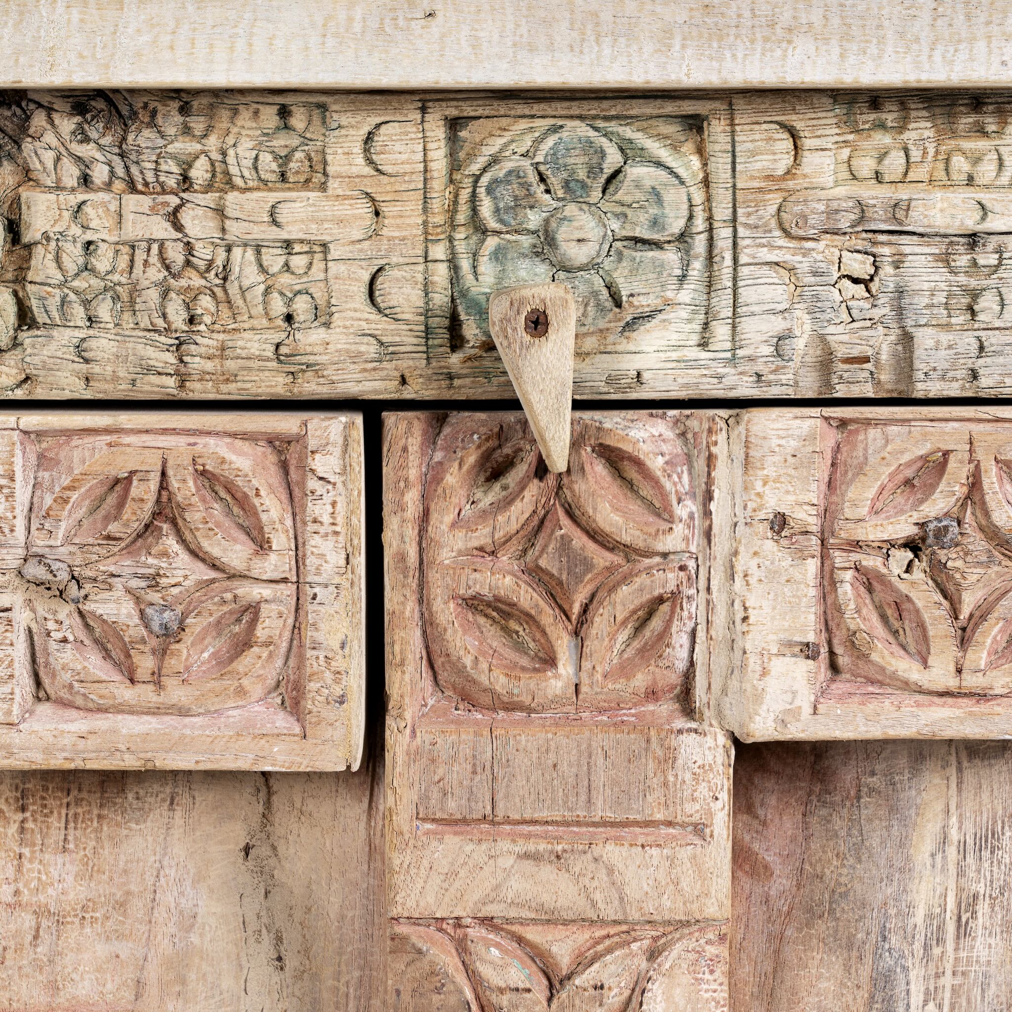 Close up image of a sandblasted reclaimed teak sideboard in Ibiza style, featuring sandblasted old wood surfaces and rustic design; 112 × 90 × 50 cm.
