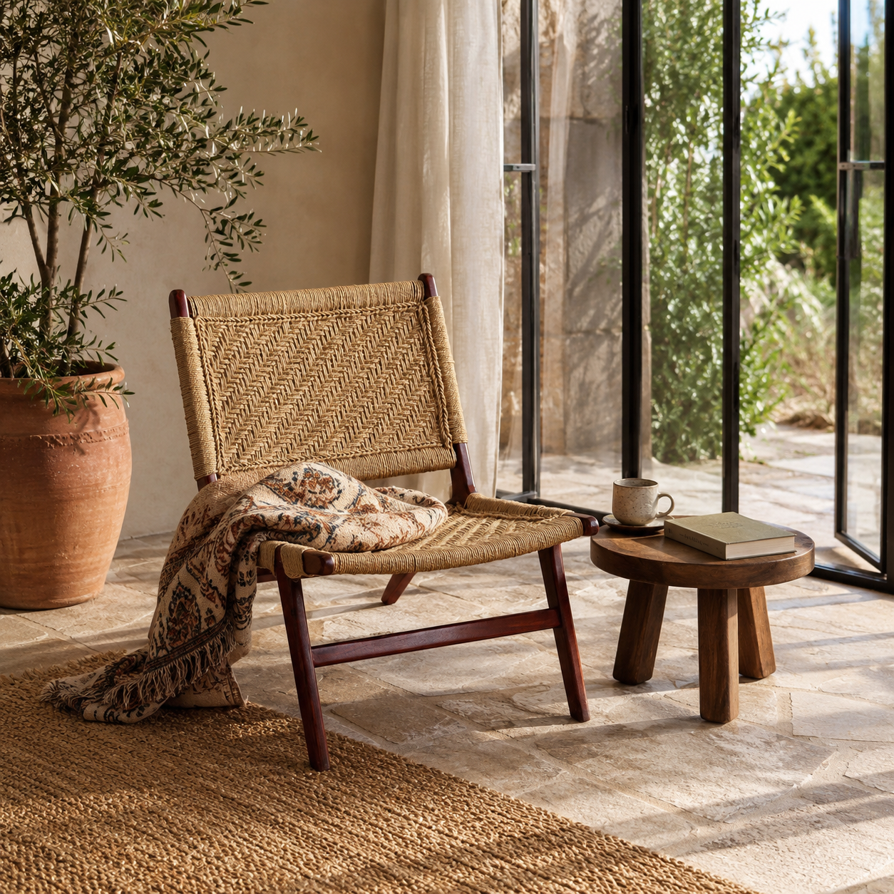 Lifestyle image of a Keya solid acacia wood chair with handwoven natural seagrass seat and backrest 95cm