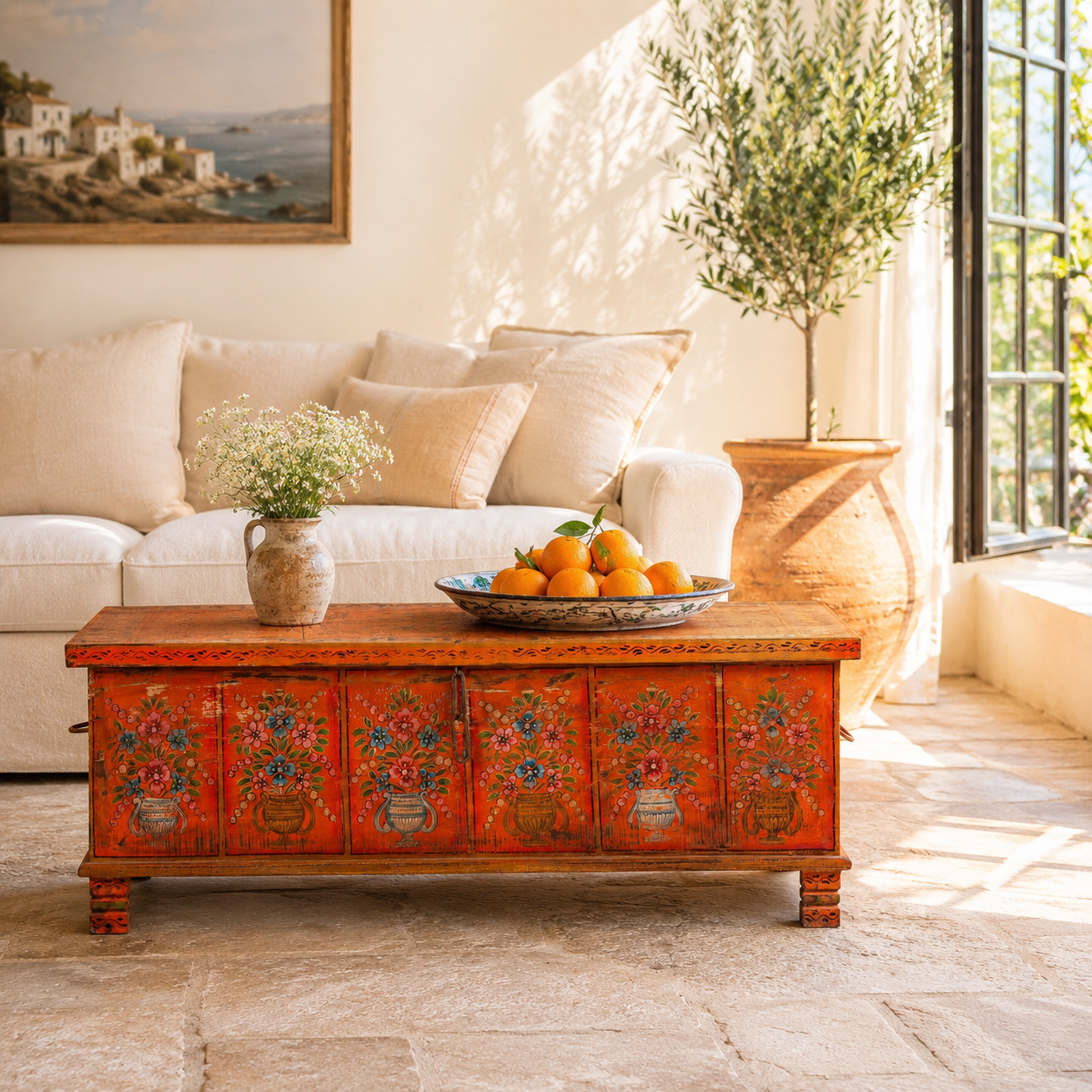 Lifestyle image of a hand-painted teak reclaimed wood chest – sustainable handcrafted furniture serving as a coffee table and artistic storage solution.