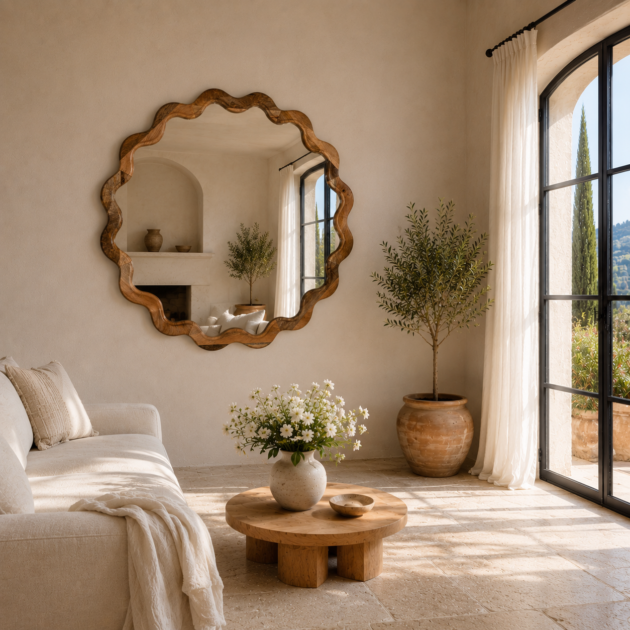 Lifestyle image of a wavy round mango wood mirror Khavda with scalloped frame design. A bold wall decoration and artisan-crafted statement piece for bohemian, rustic, or modern interiors.