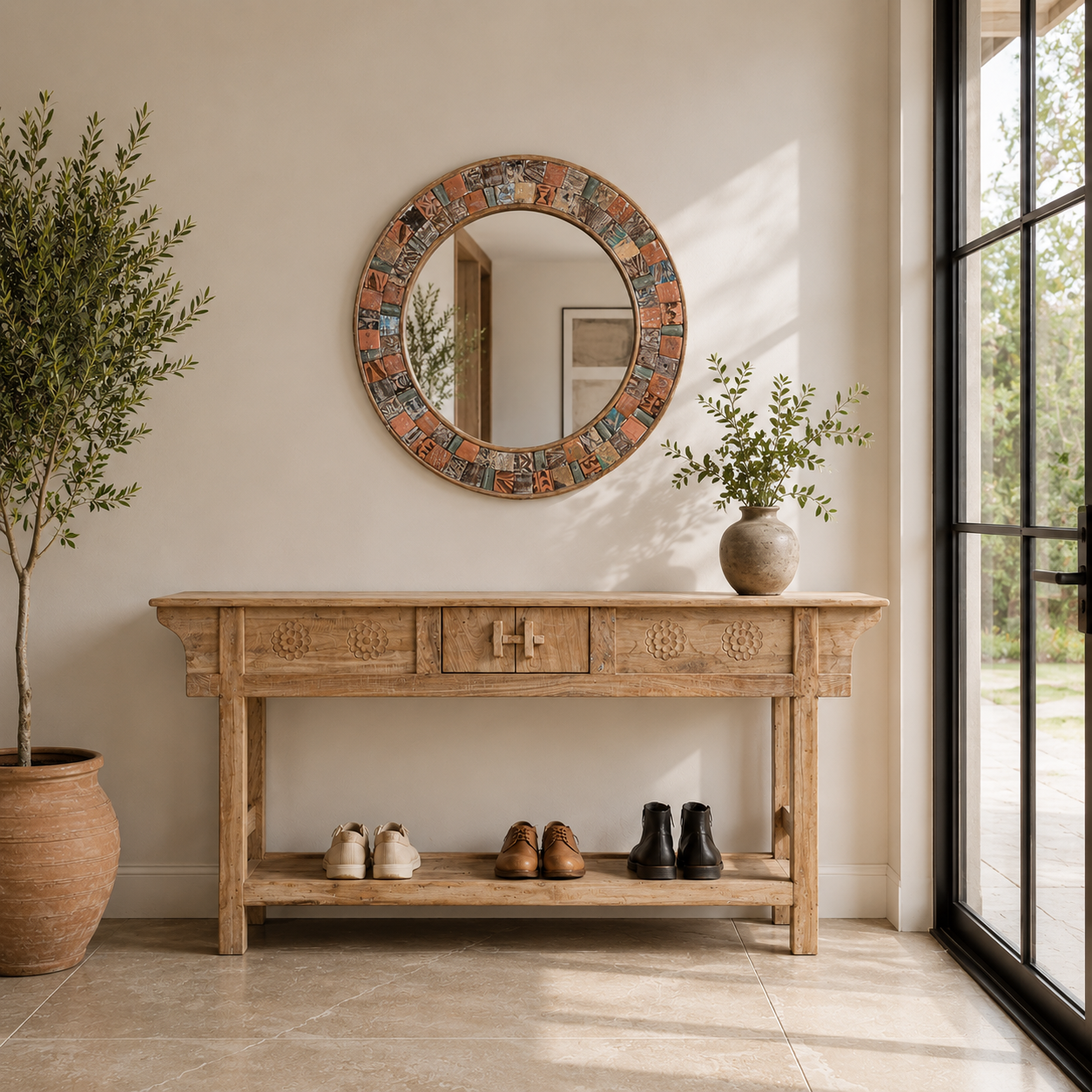 Lifestyle image of a handcrafted round mango wood mirror with patchwork reclaimed frame and distressed finish; ideal for vintage home decor, 80 × 4 cm.
