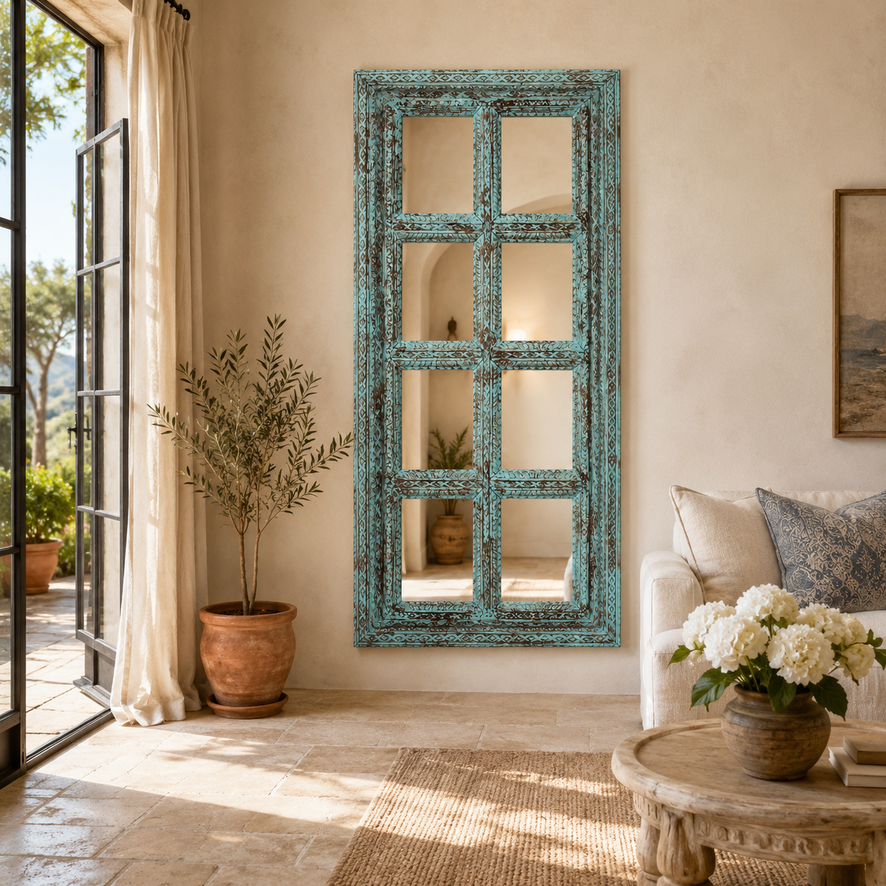 Lifestyle image of a tall carved mango wood mirror Khidakee with floral detailing and vintage window frame inspiration. A unique wooden wall decoration and artisanal furniture piece ideal for vintage and boho interiors.