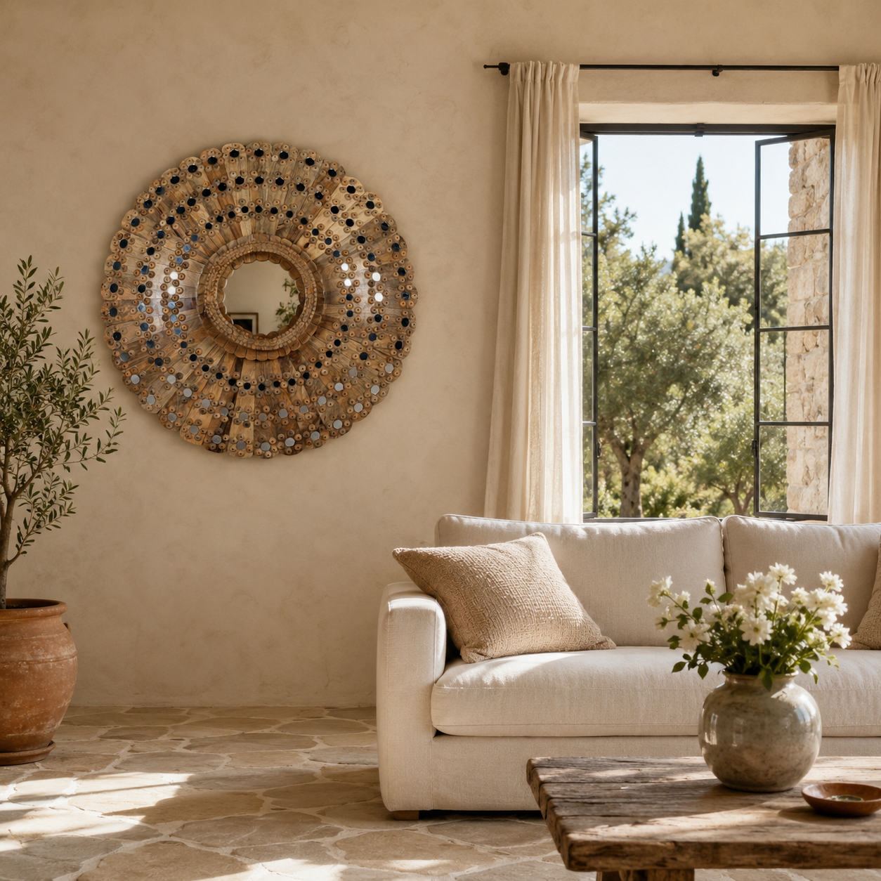 Lifestyle image of a round mango wood mirror Kiaan with concentric carved design and mirror inlays. A piece of unique wall decor combining artisanal craftsmanship and rustic bohemian charm.