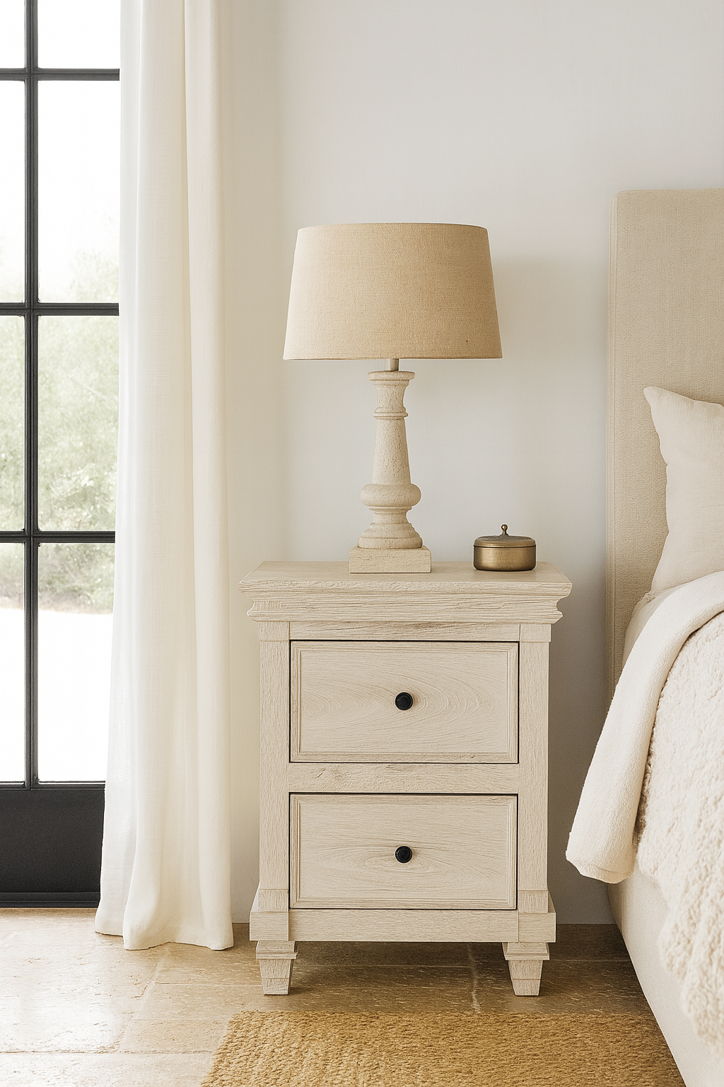 Lifestyle scene with a whitewashed nightstand made of mango wood with Mediterranean-style carved detailing and one drawer –Kirandeep bedside table by Om Home & Garden