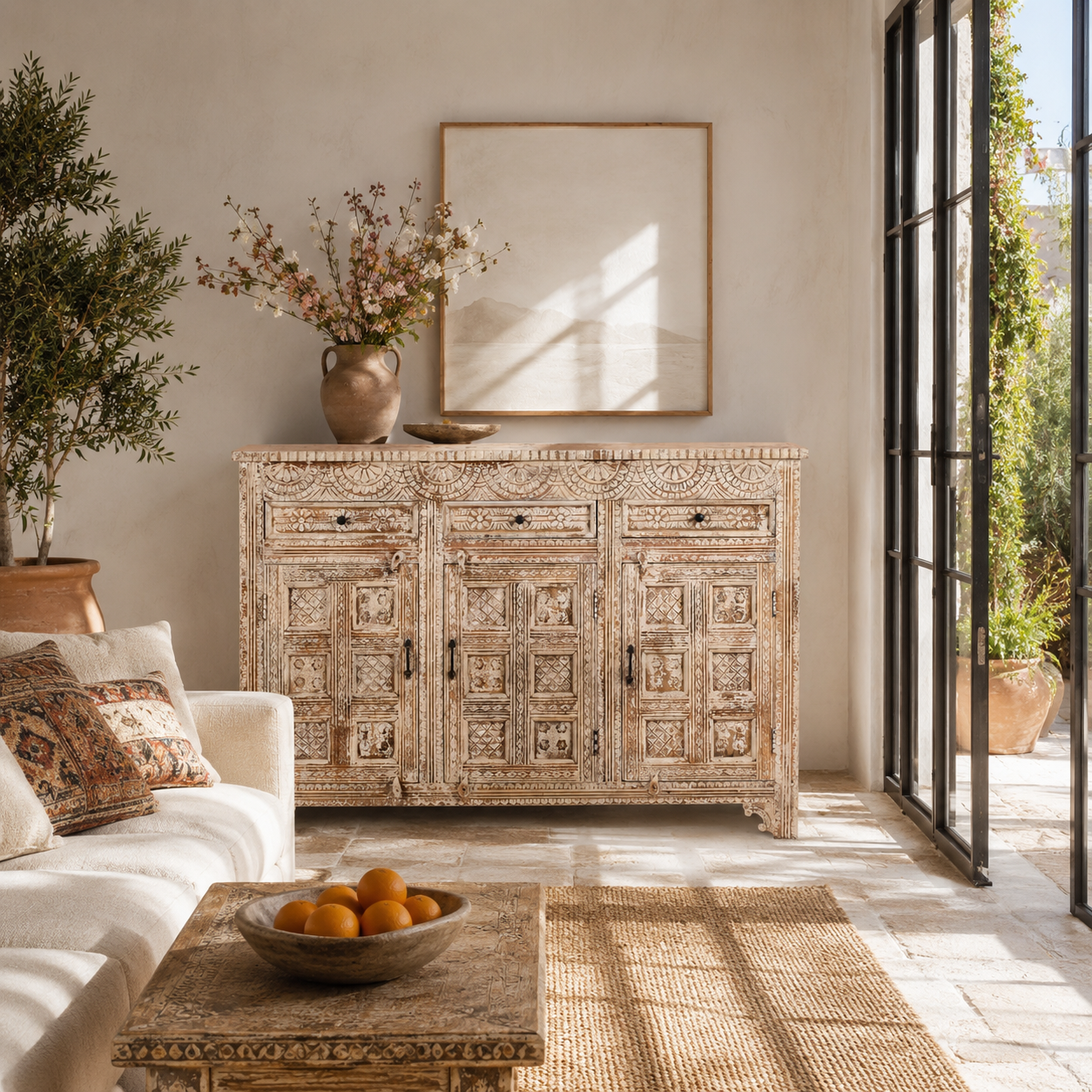 Lifestyle image of a image of a hand-carved mango wood cabinet with three drawers and vintage distressed finish; ideal for mango wood furniture lovers and vintage home decor, 150 × 110 × 40 cm.