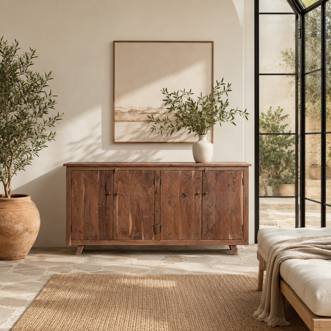 Lifestyle imageof a sideboard with modern appeal made of acacia wood with brass fitted doorknobs and 4 doors.
