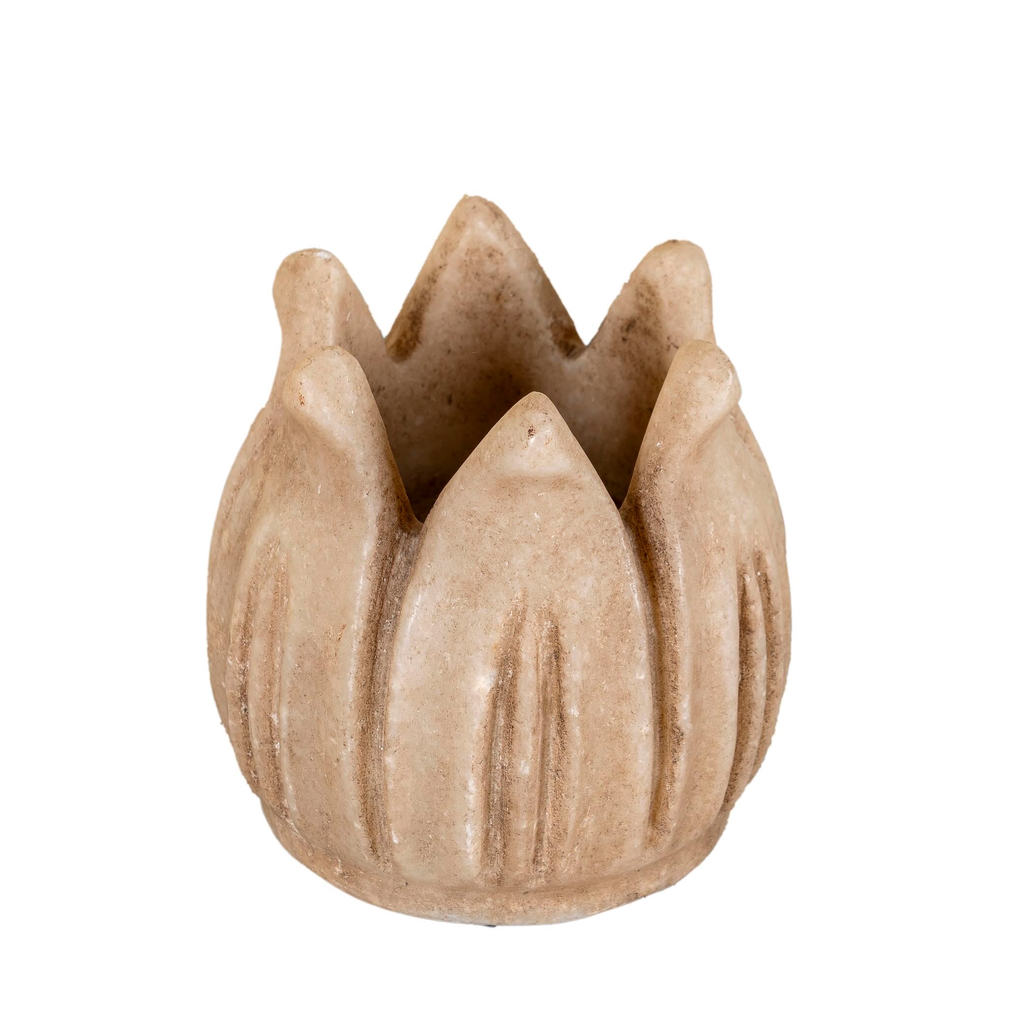 White background image of a hand-carved marble tealight holder Krishav with pointed petal shape. A vintage home accessory and unique Indian decoration, perfect for candles, tealights, or home fragrances in vintage home decor settings.