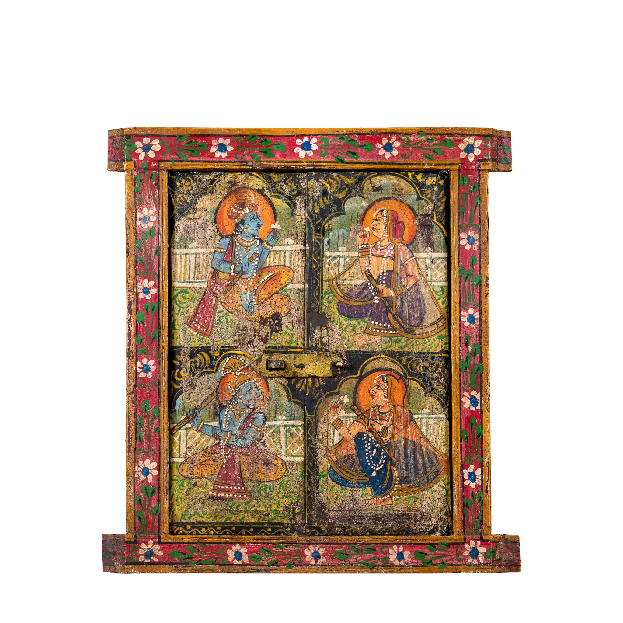White background image of a Krishna antique reclaimed wood mirror with hand-painted Radha and Krishna artwork, authentic Indian vintage mirror frame, 50x50x5cm.