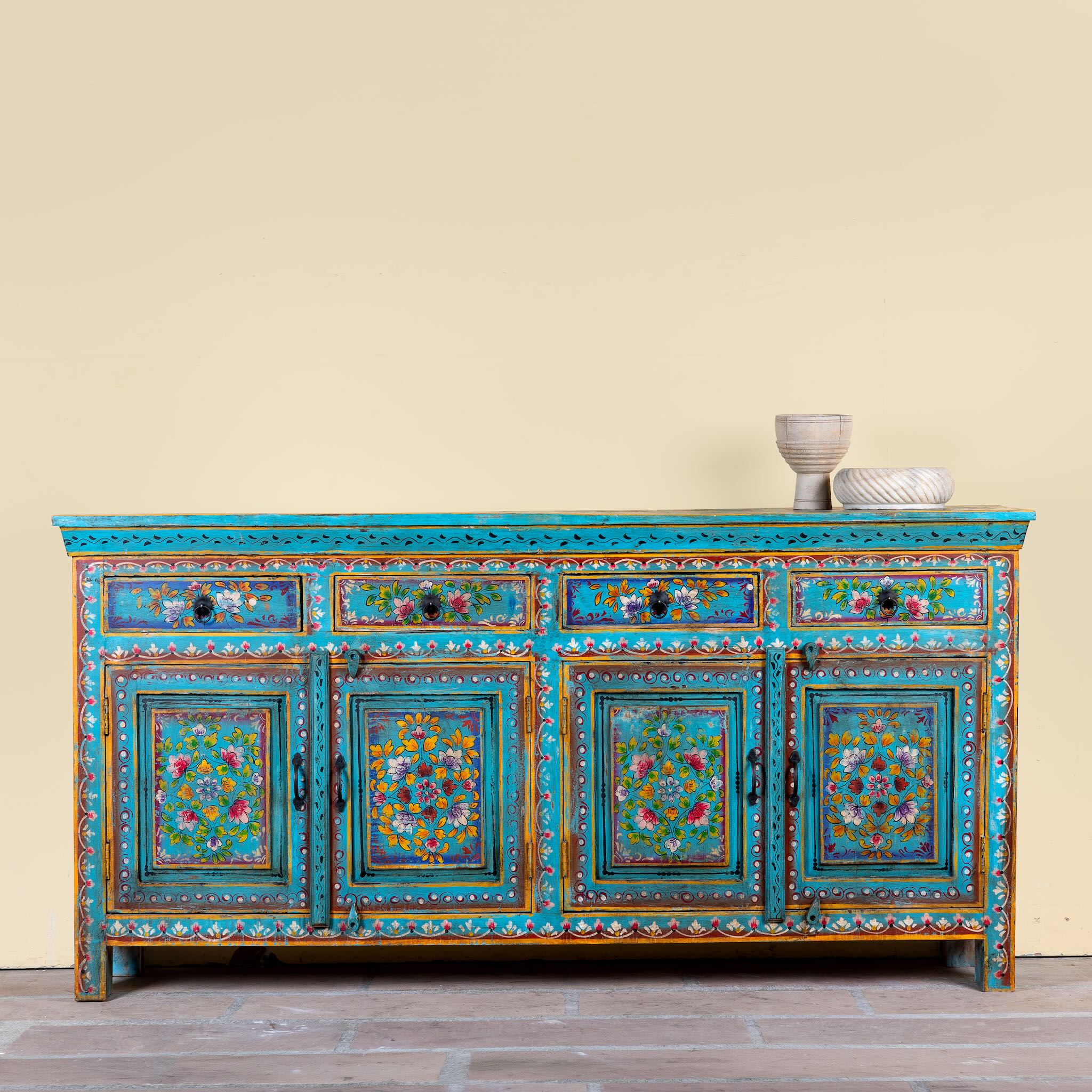 Laksh hand painted reclaimed wood sideboard in boho style with distressed vintage finish and traditional Indian floral artwork.