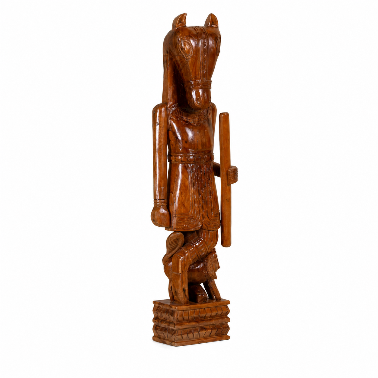 White backround image of a Lakshy hand carved reclaimed wood house guardian horse statue with traditional Indian detailing, freestanding decorative sculpture, 120cm.
