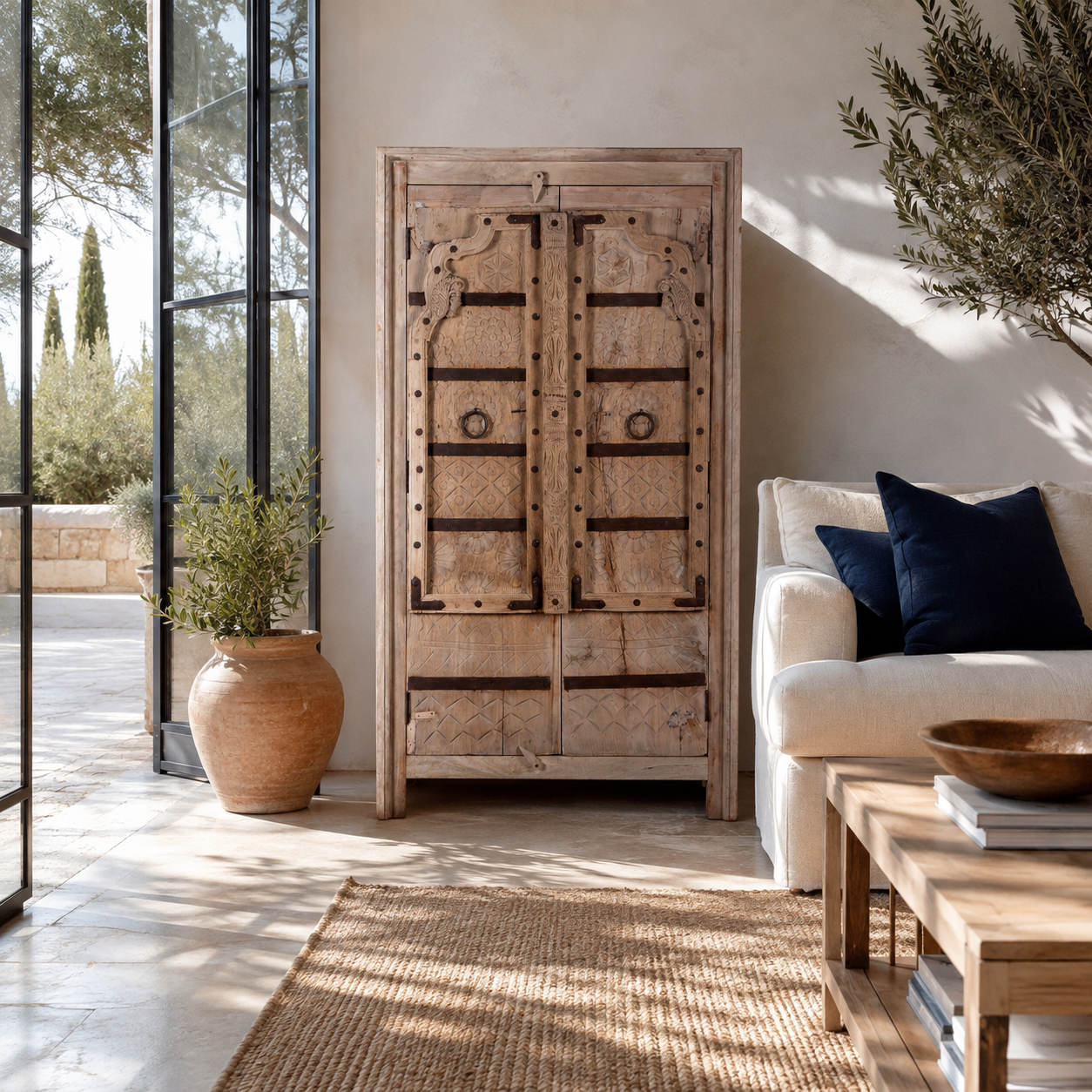 Lifestyle image of a Lakshya bleached mango wood cabinet with original hand carved Indian door panels and iron fittings 167cm