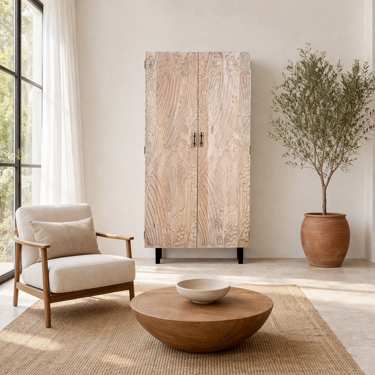 Lifestyle image of a hand-carved mango wood wardrobe with sandblasted finish and iron stand; artisanal bedroom furniture, 90 × 46 × 183 cm.