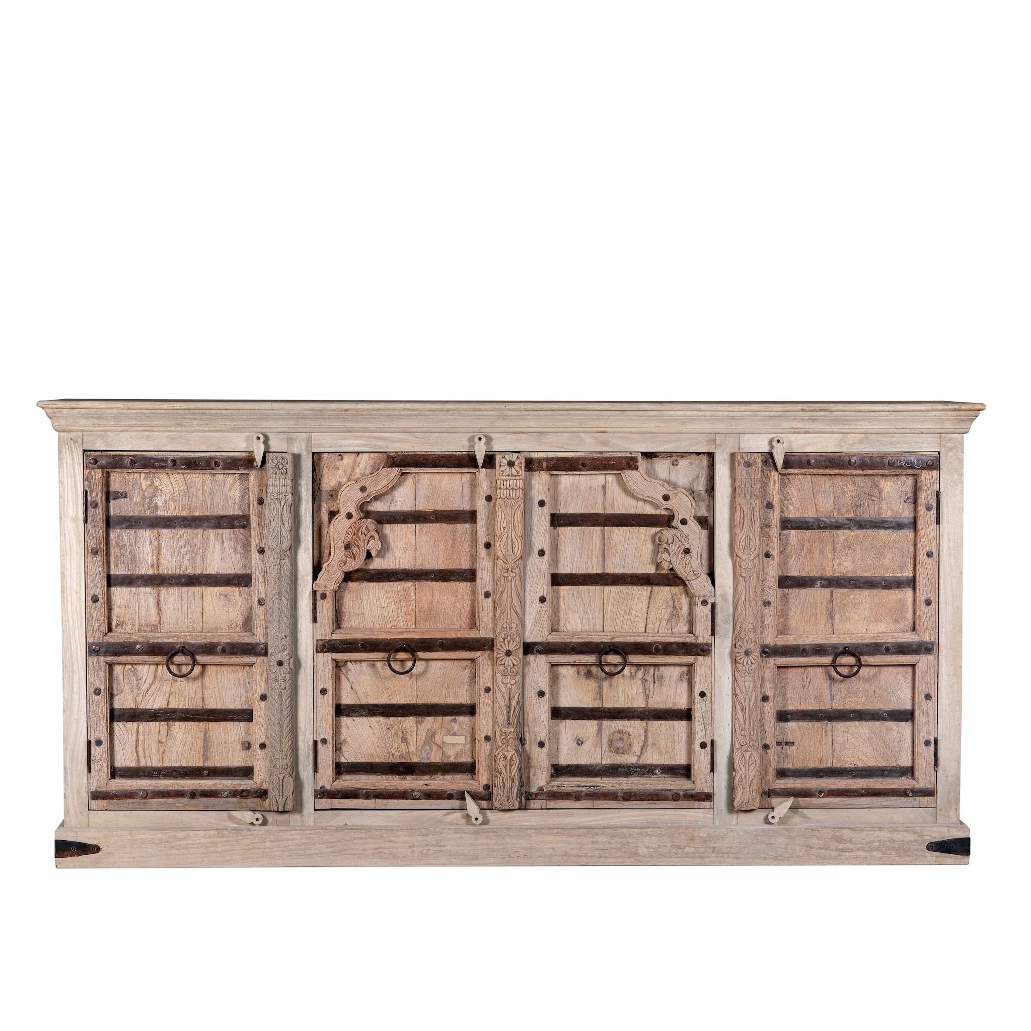White background picture of a unique old Door sideboard, finely hand carved in bleached teak wood driftwood design.