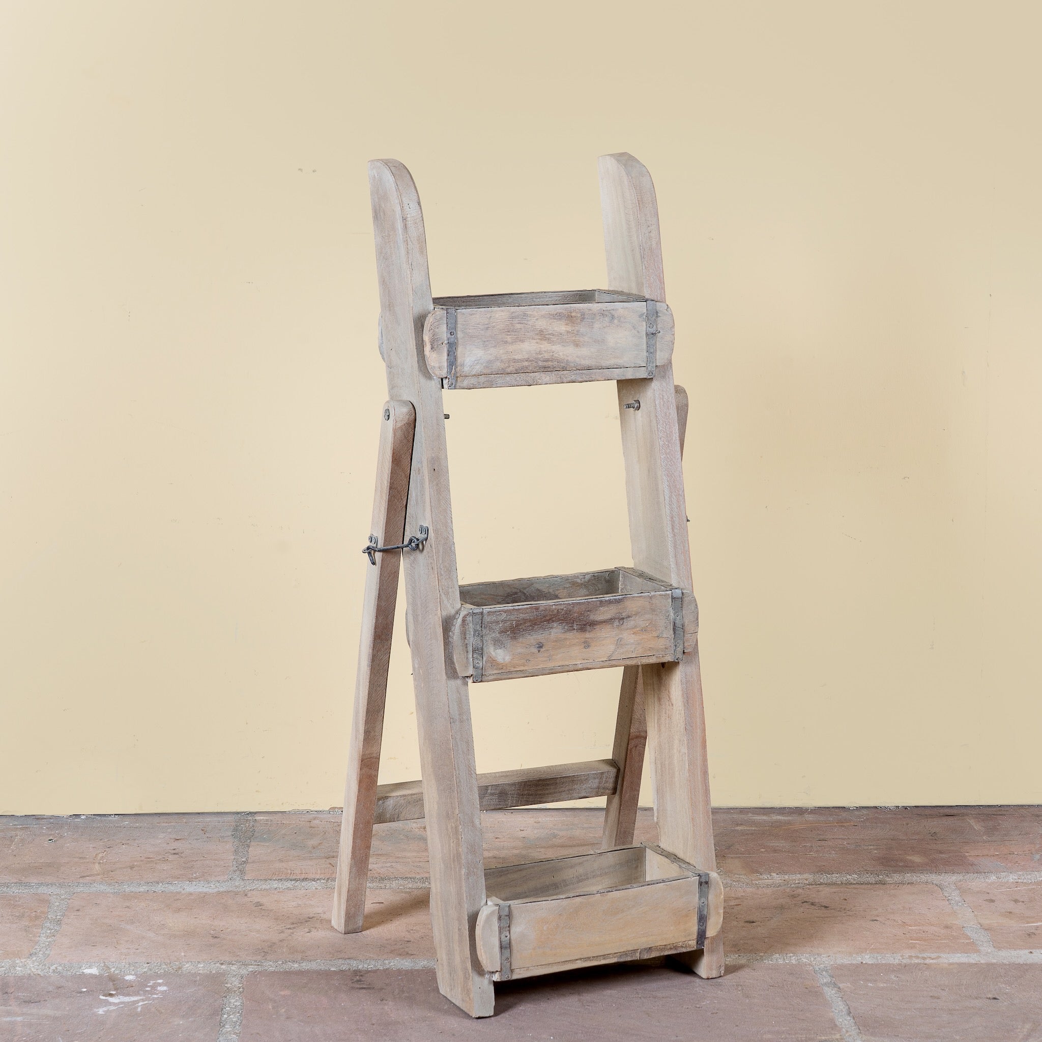Liam reclaimed wood ladder shelf crafted from original Indian brick moulds with three storage compartments, 97cm