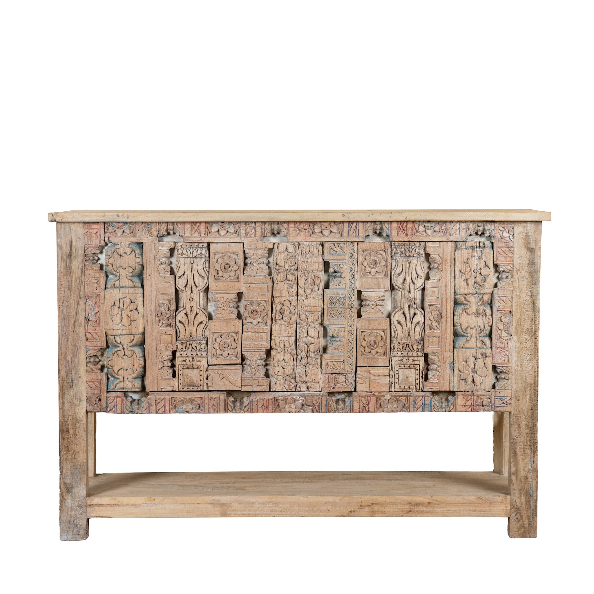 White background image of a reclaimed teak console table with hand-carved antique elements and rustic finish, 140 × 38 × 93 cm.