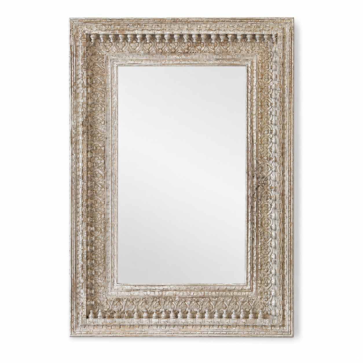White background image of a vintage wall mirror with hand carved wooden mango wood frame; large rectangular mirror, 100 × 130 cm.