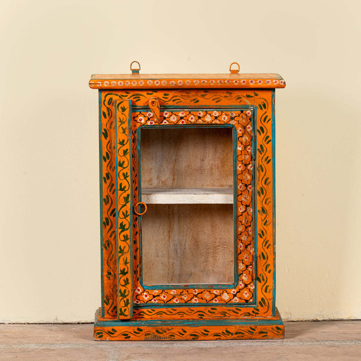 Lokesh hand-painted reclaimed wood wall cabinet with orange floral decoration, turquoise accents, glass door and interior shelf, 40x15x52cm