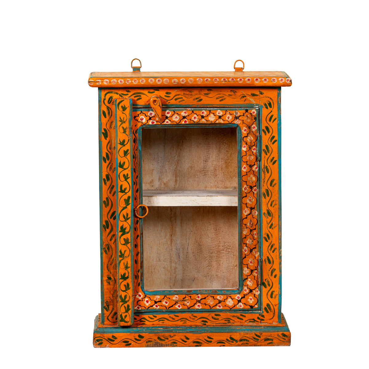White background image of a Lokesh hand-painted reclaimed wood wall cabinet with orange floral decoration, turquoise accents, glass door and interior shelf, 40x15x52cm