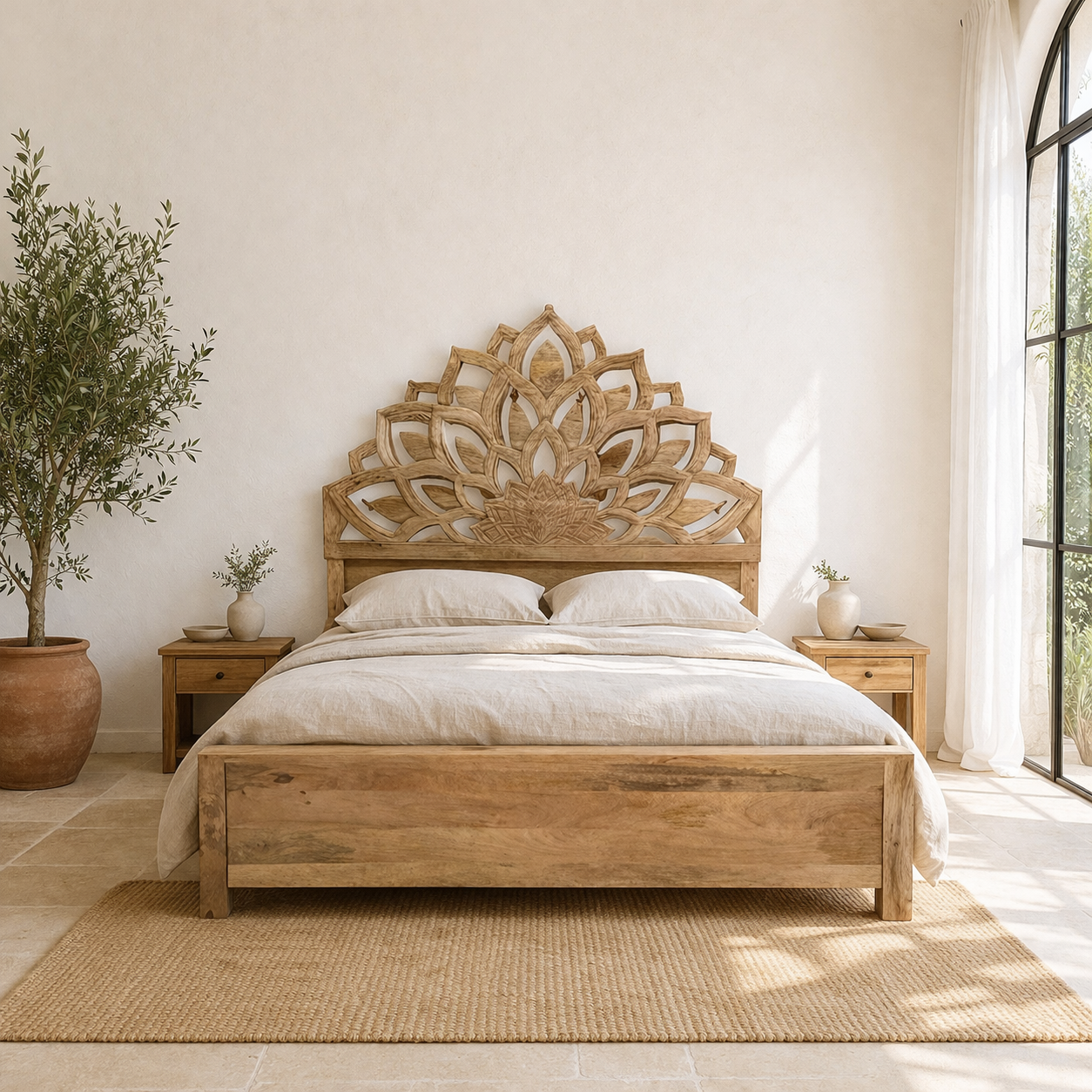 Lifestyle image of a hand-carved wooden bed frame in mango wood featuring an intricate lotus flower design – Lotus bed 180x200 cm by Om Home & Garden