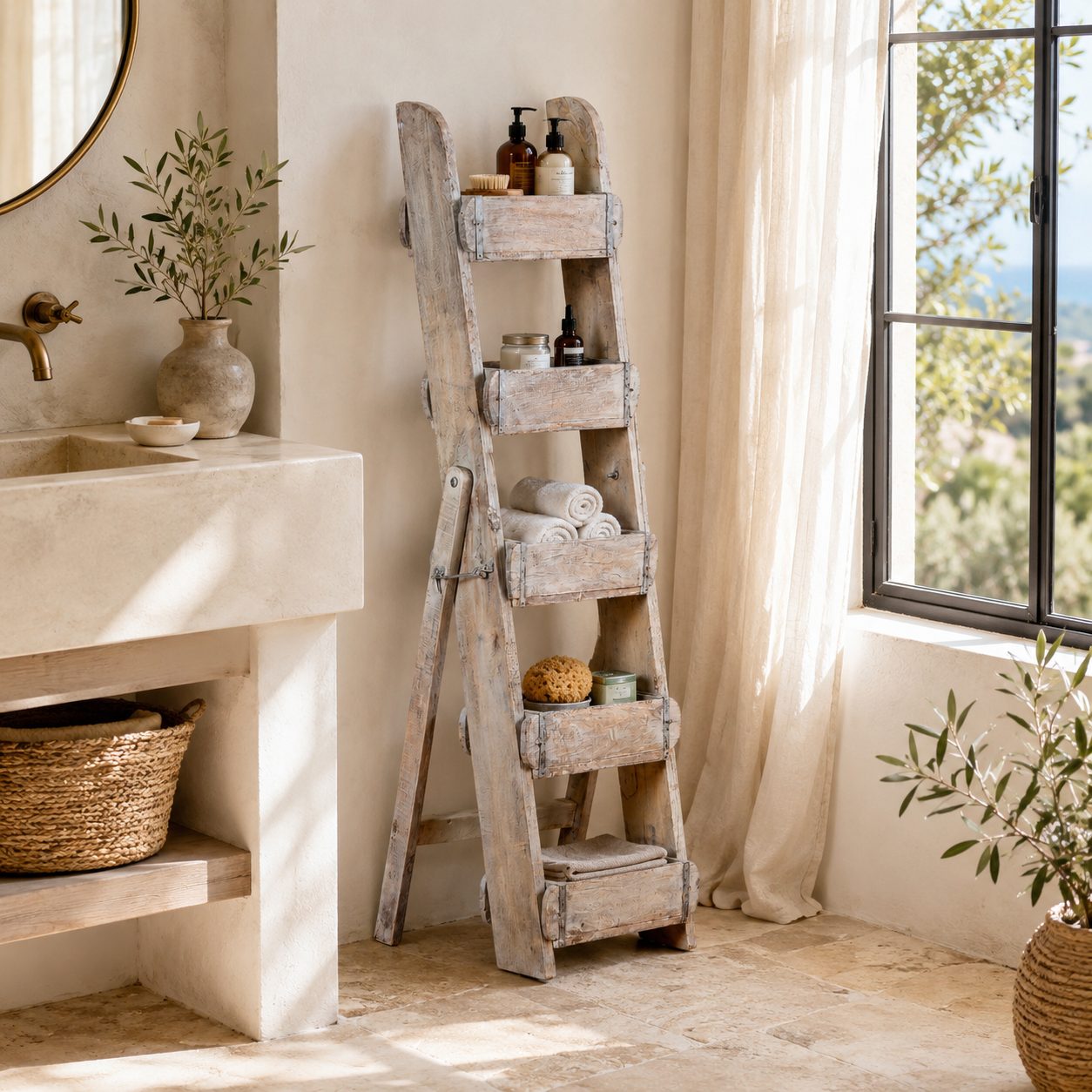 Lifestyle image of a Maahir reclaimed wood ladder shelf crafted from original Indian brick moulds, 125cm