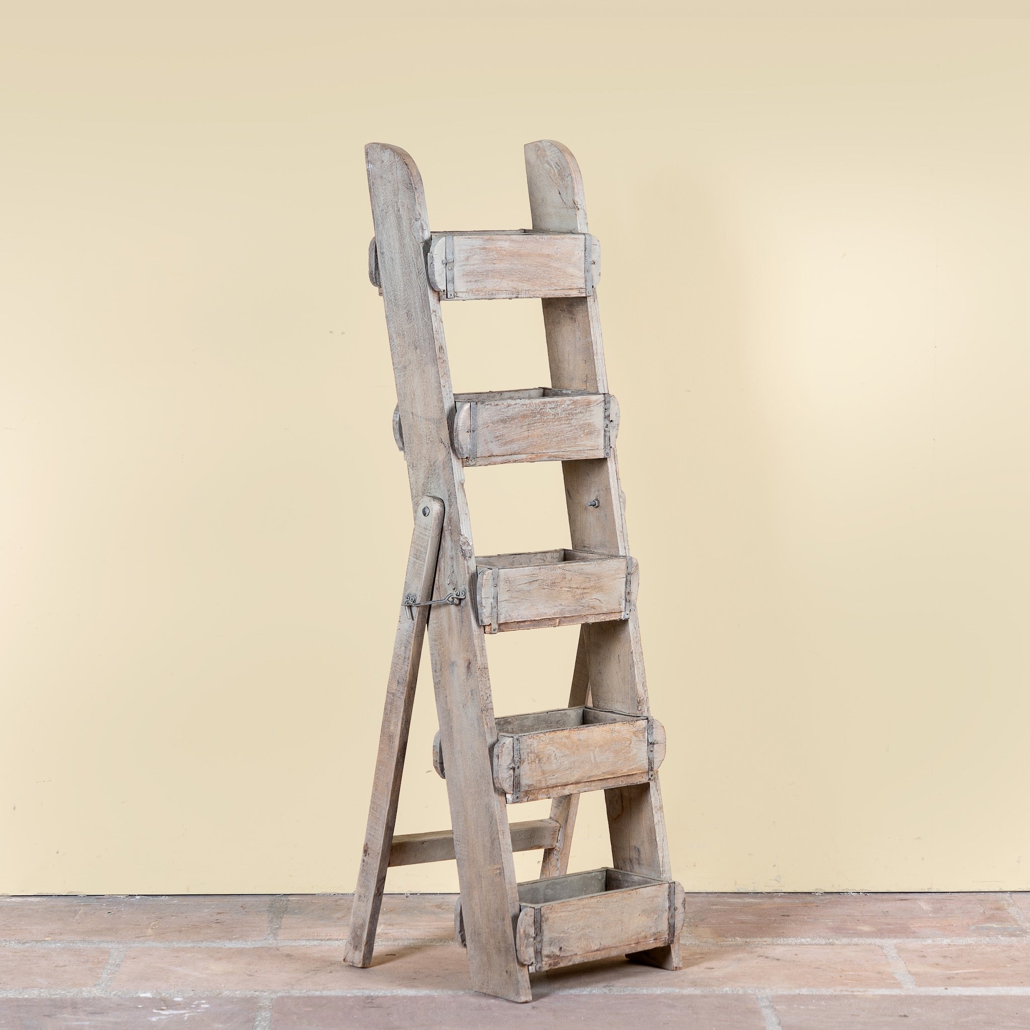 Maahir reclaimed wood ladder shelf crafted from original Indian brick moulds, 125cm