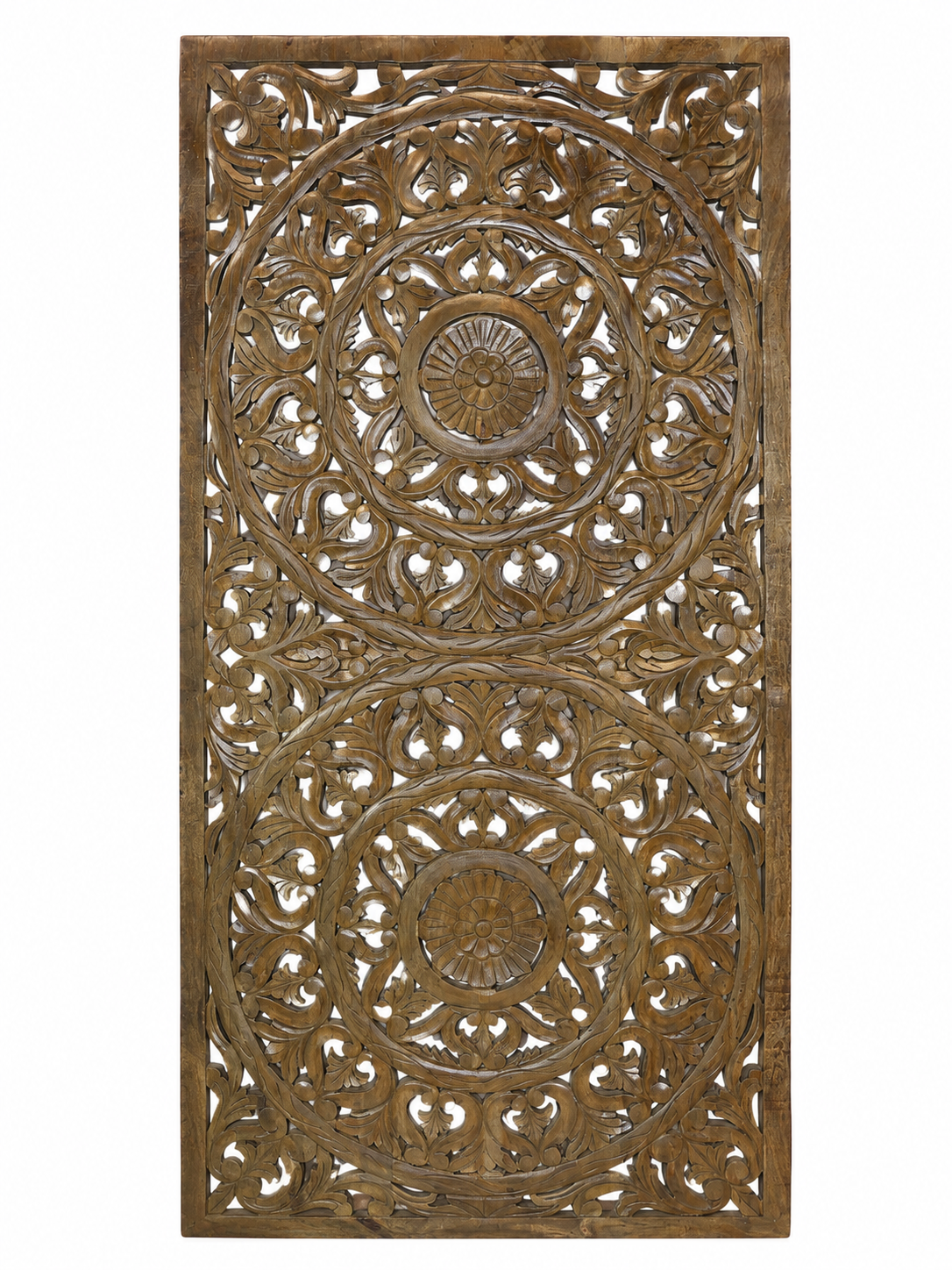 White background image of a hand-carved solid mango wood wall panel with floral designs and a striking grey-green finish, ideal as unique wall décor or a bed panel.
