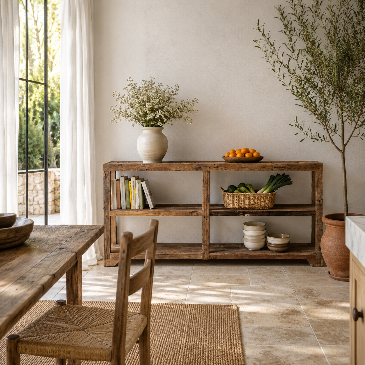 Lifestyle image of a Madan rustic reclaimed wood shelf made from driftwood with open shelving, natural wood textures, and handcrafted rustic design.