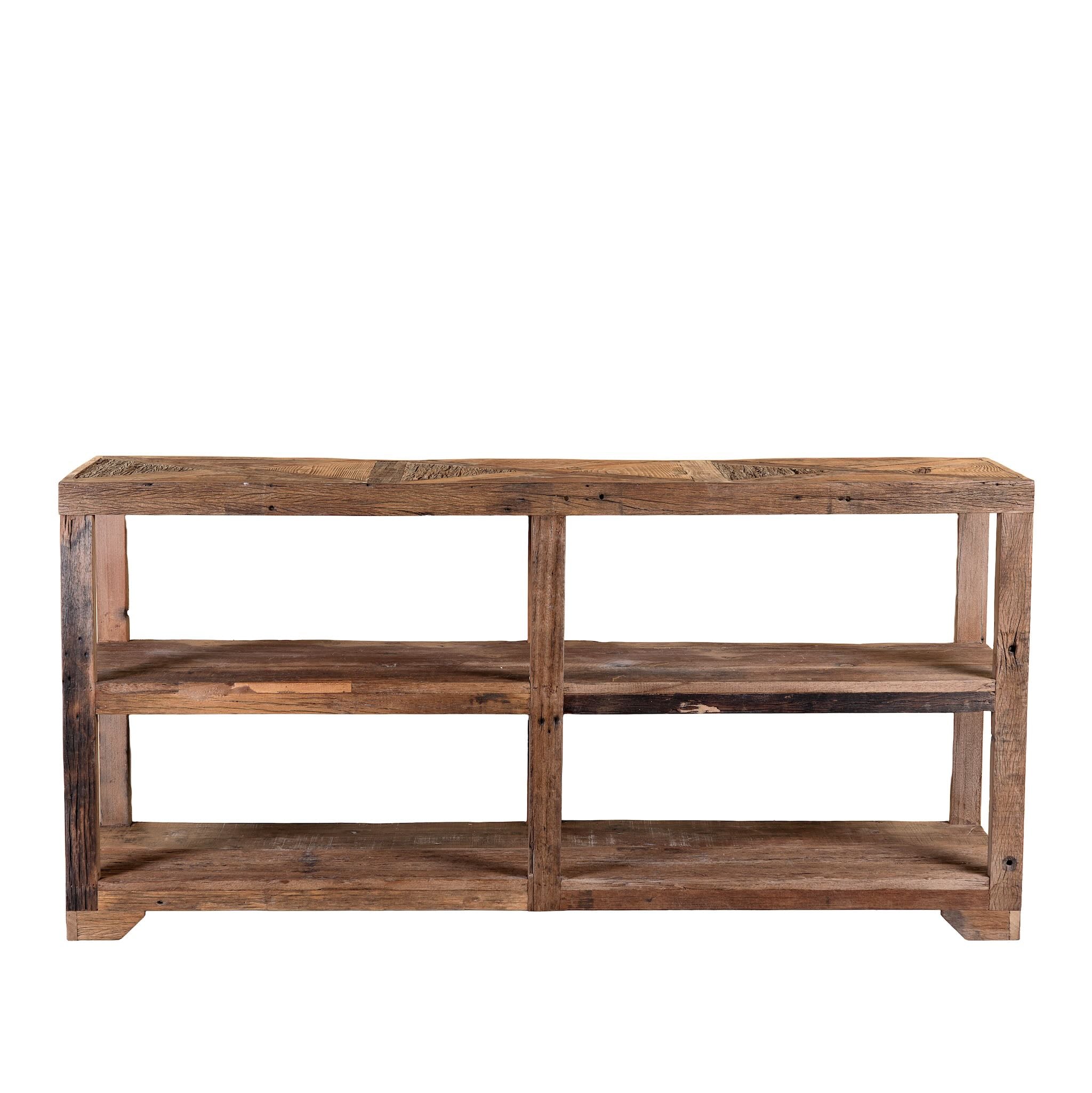 White background image of a Madan rustic reclaimed wood shelf made from driftwood with open shelving, natural wood textures, and handcrafted rustic design.