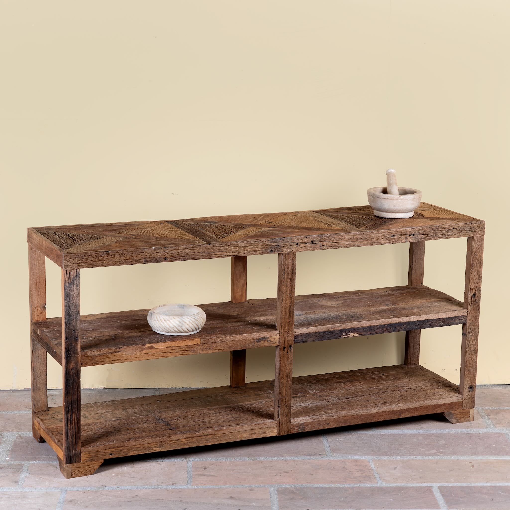 Side angle image of a Madan rustic reclaimed wood shelf made from driftwood with open shelving, natural wood textures, and handcrafted rustic design.