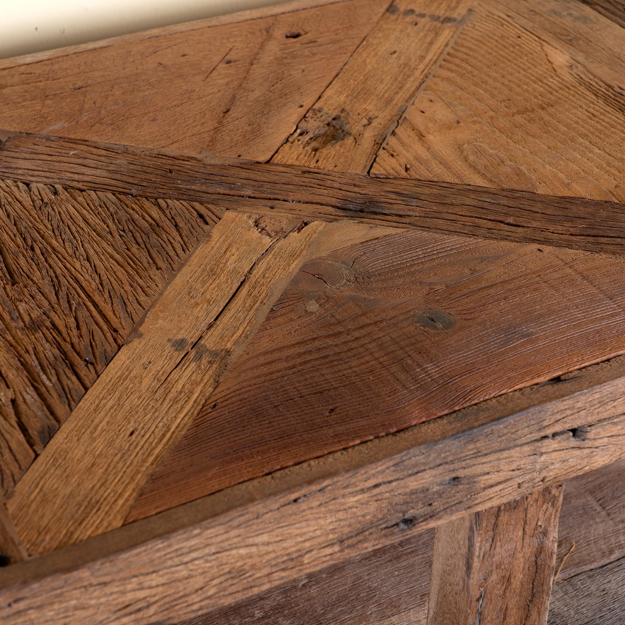 Close up image of a Madan rustic reclaimed wood shelf made from driftwood with open shelving, natural wood textures, and handcrafted rustic design.