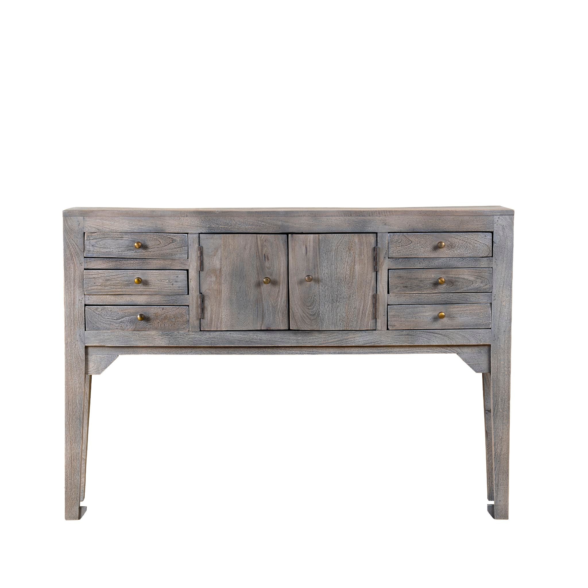 White background image of a console table wood with drawers and doors, ideal as an entryway table vintage statement piece.