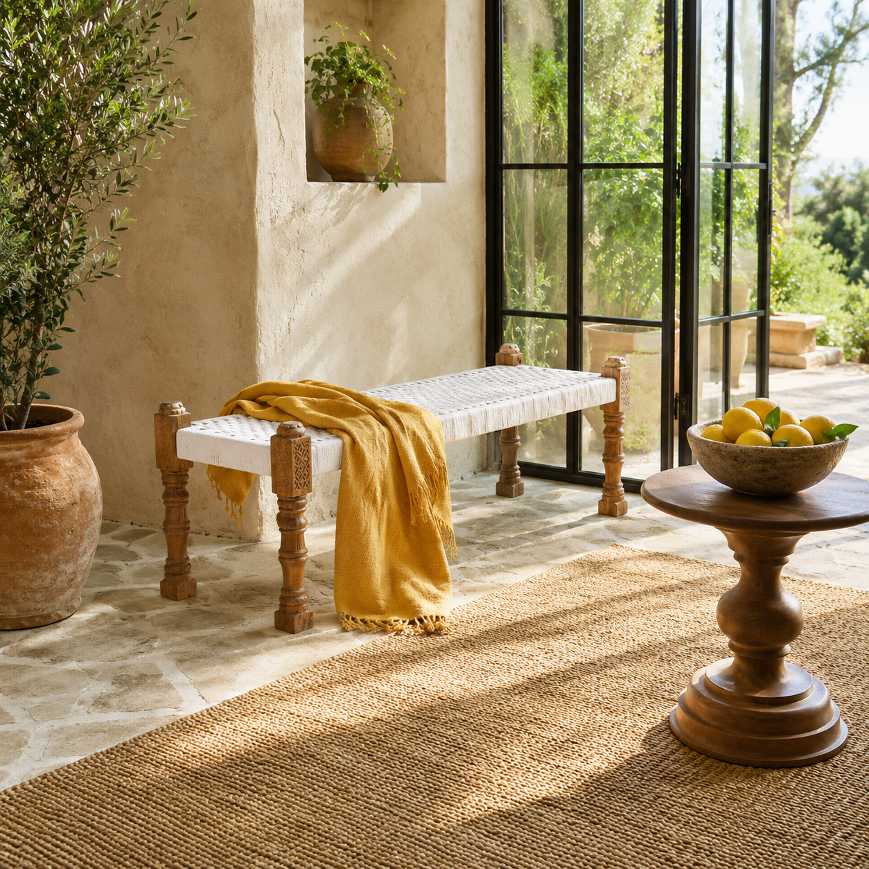 Lifestyle image of a Mamit wooden bench with handwoven cotton seating and reclaimed wood frame, 120cm