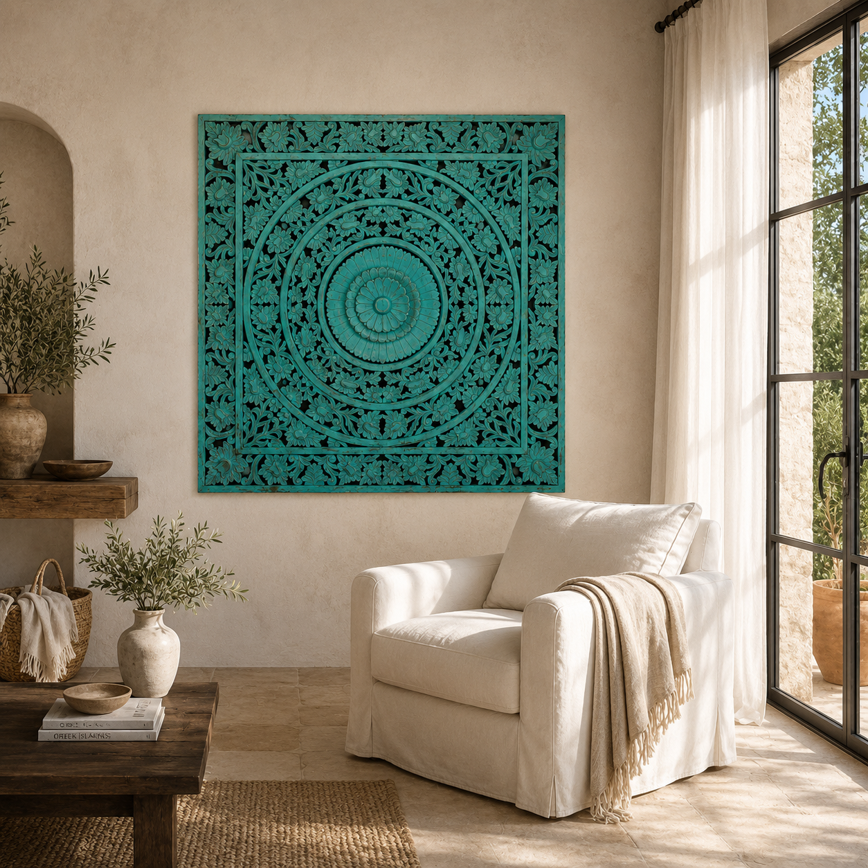 Lifestyle image of a hand-carved solid mango wood wall panel with Indian engravings and a striking green finish, ideal as unique wall décor or a bed panel.