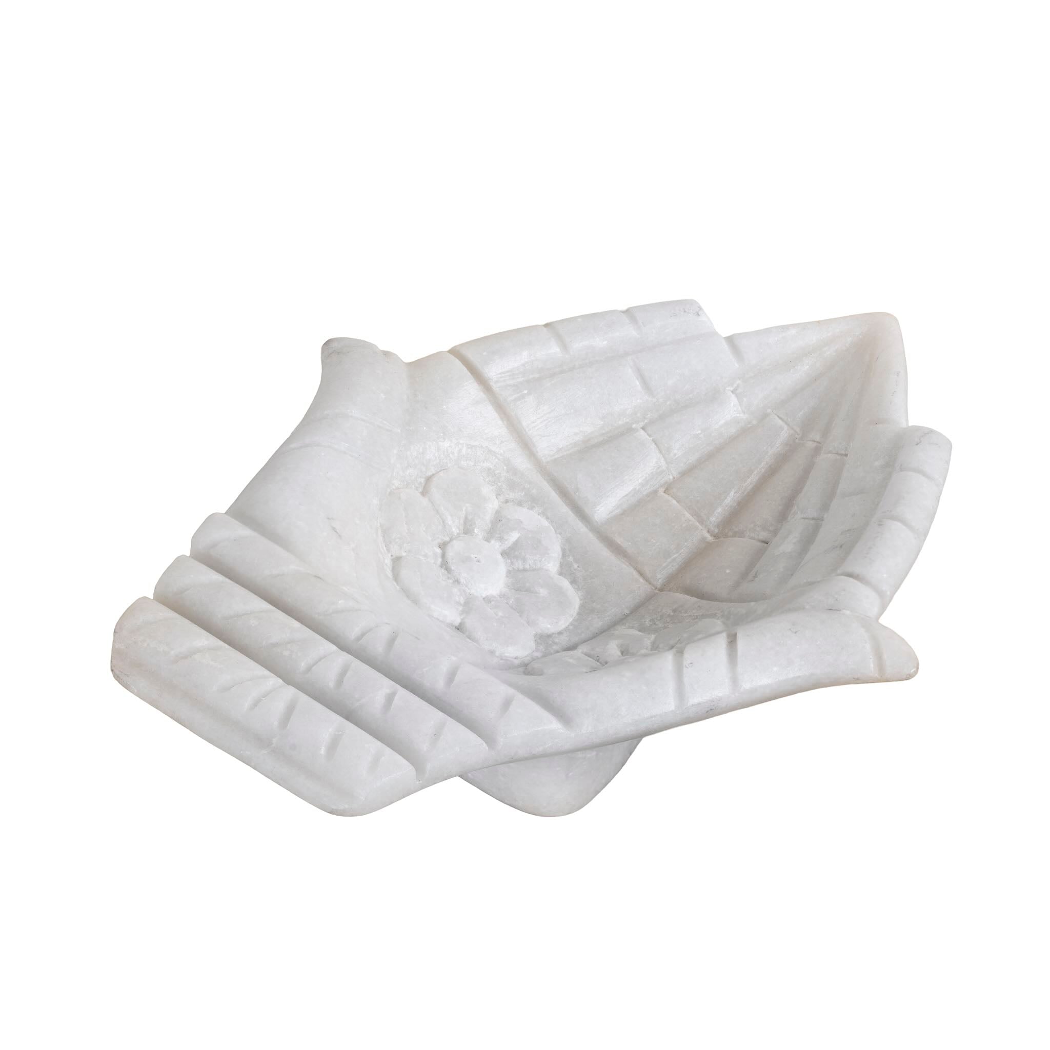 White background image of a white marble decorative bowl shaped like cupped hands with floral carving – hand-carved Indian marble accessory.