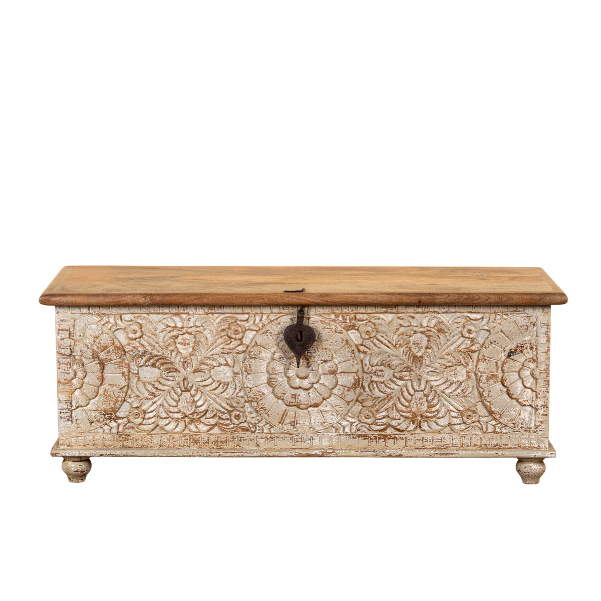 White background image of a hand-carved mango wood chest box with floral motifs, whitewashed finish, and iron handles – vintage home accessory for rustic and elegant interiors.