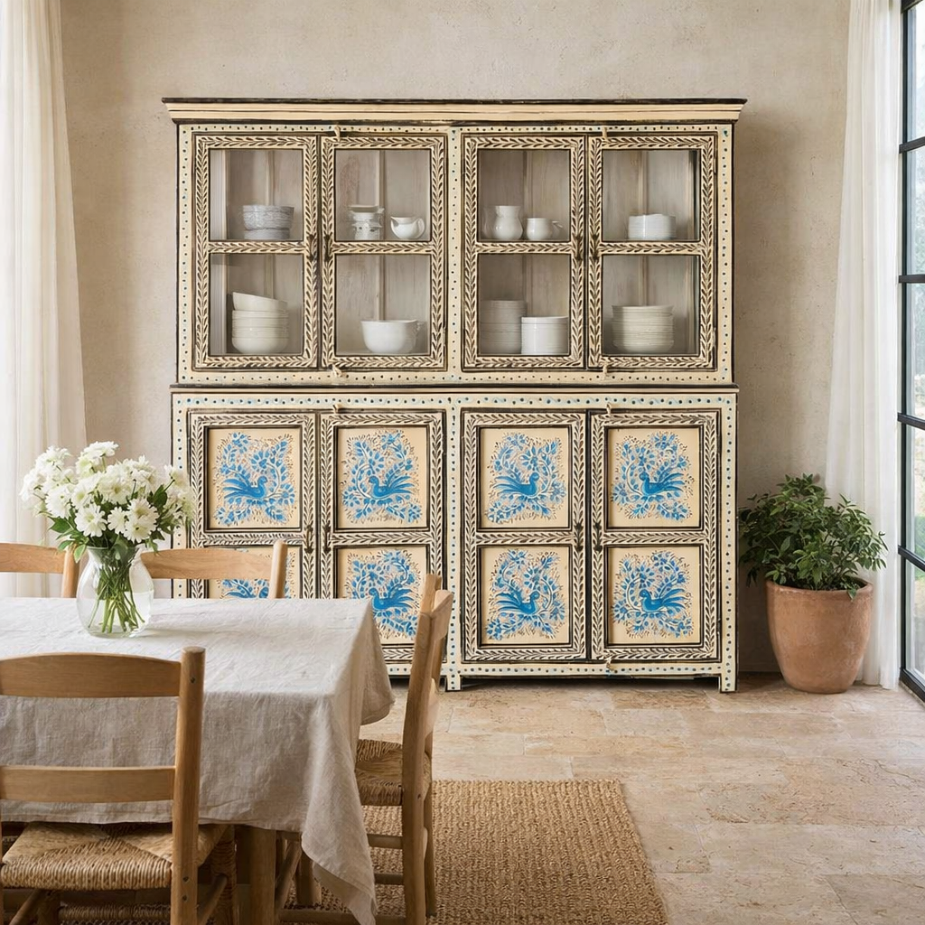 Lifestyle image of a Hand-painted reclaimed wood display cabinet with glass doors and floral blue peacock design – Aadrika model by Om Home & Garden