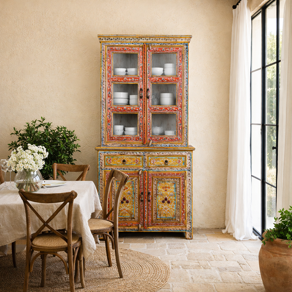 Lifestyle image of a of a hand-painted two-part showcase made of reclaimed wood with floral motifs; unique furniture for a boho chic living room, 94 × 48 × 203 cm.