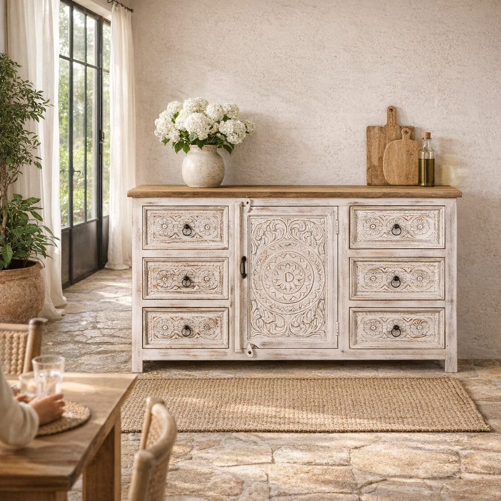 Lifestyle image of a handcrafted mango wood sideboard with carved floral motifs, whitewashed base and natural top; perfect for vintage home decor and living room furniture, 150 × 40 × 90 cm.