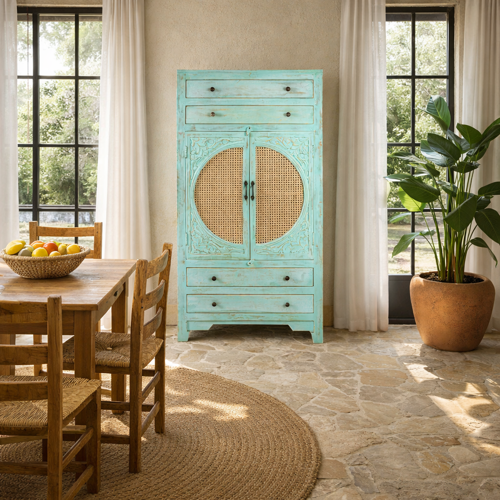 Lifestyle image of a vintage furniture cabinet in turquoise-washed mango wood with rattan door panels and hand-carved engravings, 80 × 148 × 40 cm.