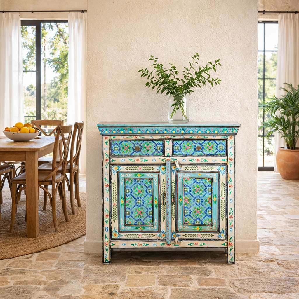 Lifestyle image of a vintage hand painted furniture cupboard in reclaimed wood with floral and geometric motifs, off-white distressed finish, 90 × 40 × 90 cm.