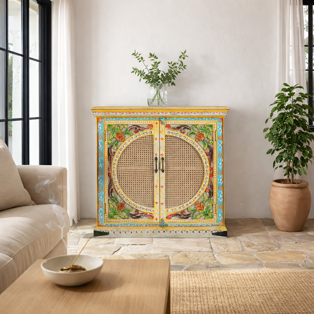 Lifestyle image of a hand-painted, hand-carved cupboard made of mango wood with floral design and rattan inserts.
