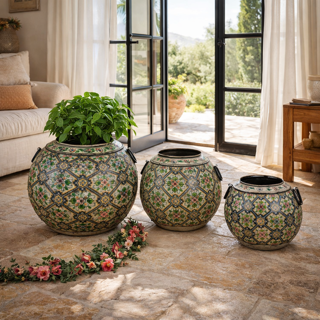 Lifestyle imagination of a set of 3 round hand-painted iron pots with silver floral designs on blue background, artisanal Indian home accessories and vintage decor accents.
