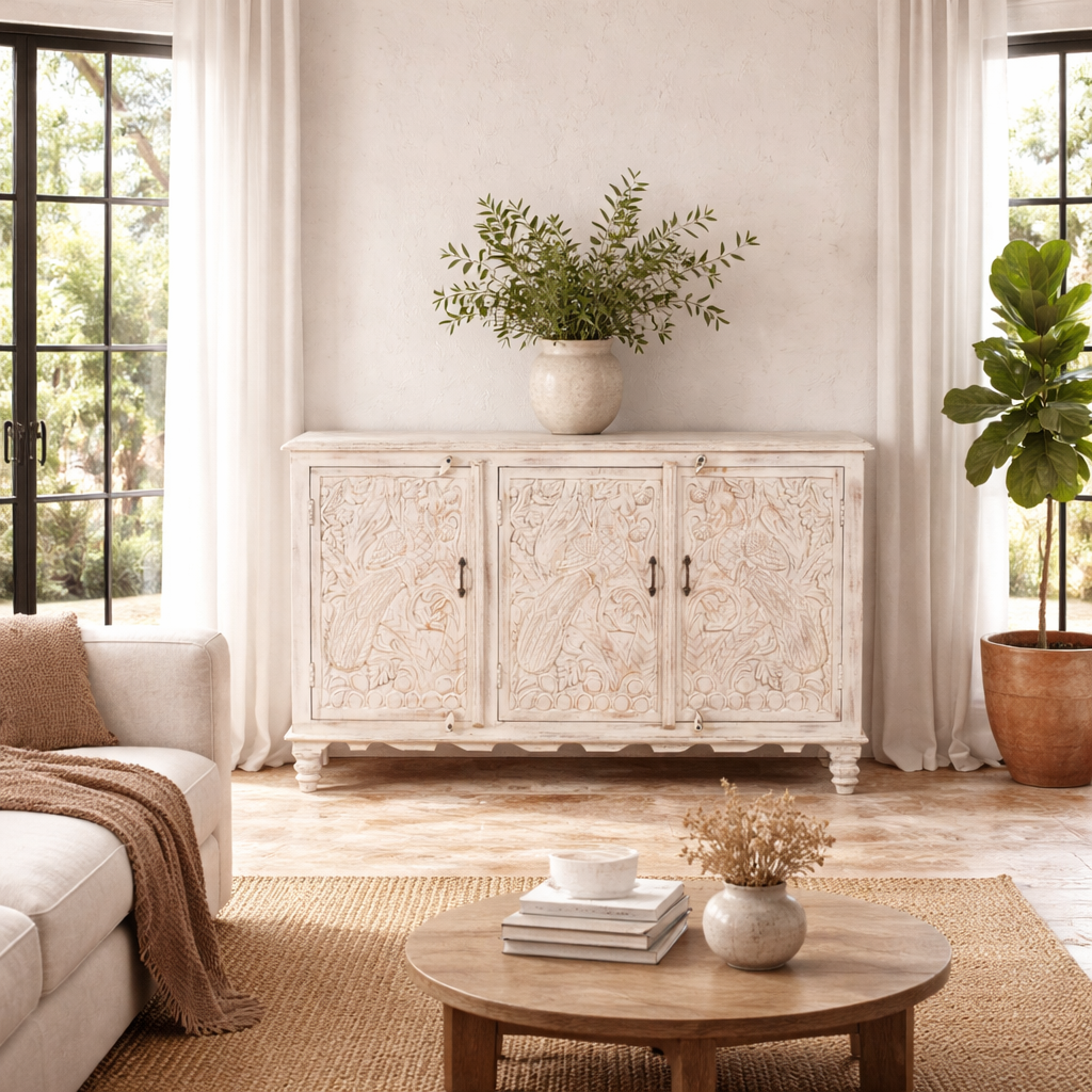 Lifestyle image of a hand-carved mango wood sideboard with peacock and foliage motifs, whitewashed finish; perfect for Indian home decor, 150 × 95 × 40 cm.