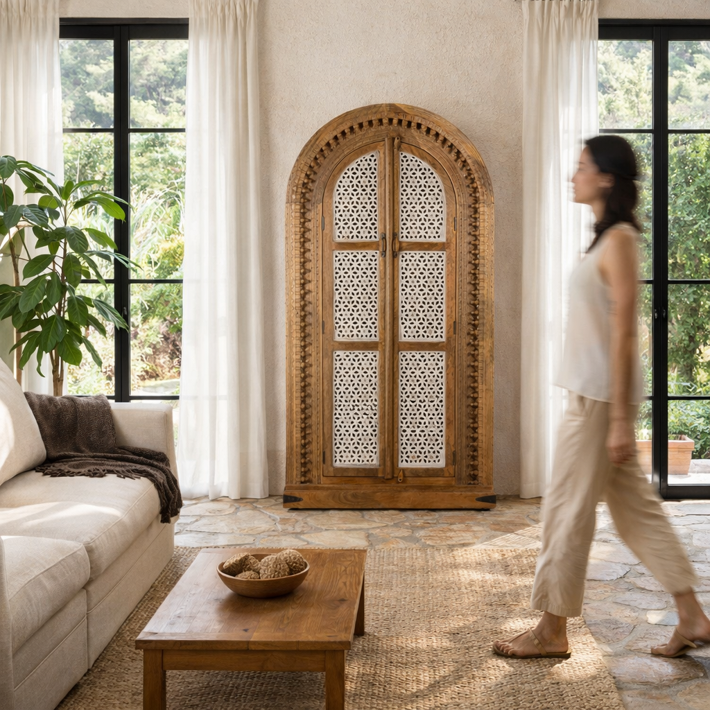 Lifestyle image of a handcrafted carved wooden wardrobe in half-round design with whitewashed lattice panels – bedroom furniture with Mediterranean flair and artistic detail.